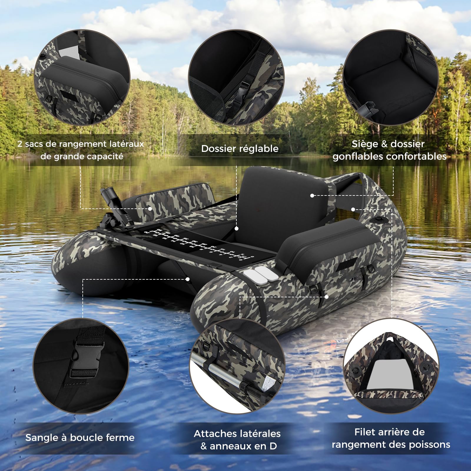 GOPLUS Bateau Pêche Gonflable, Float Tube Tissu Polyester avec Support de Canne Peches, Dossier, Sangles Réglables, Pompe, Règle à Poisson, Poches Rangement, Pagaie, Capacité 150KG