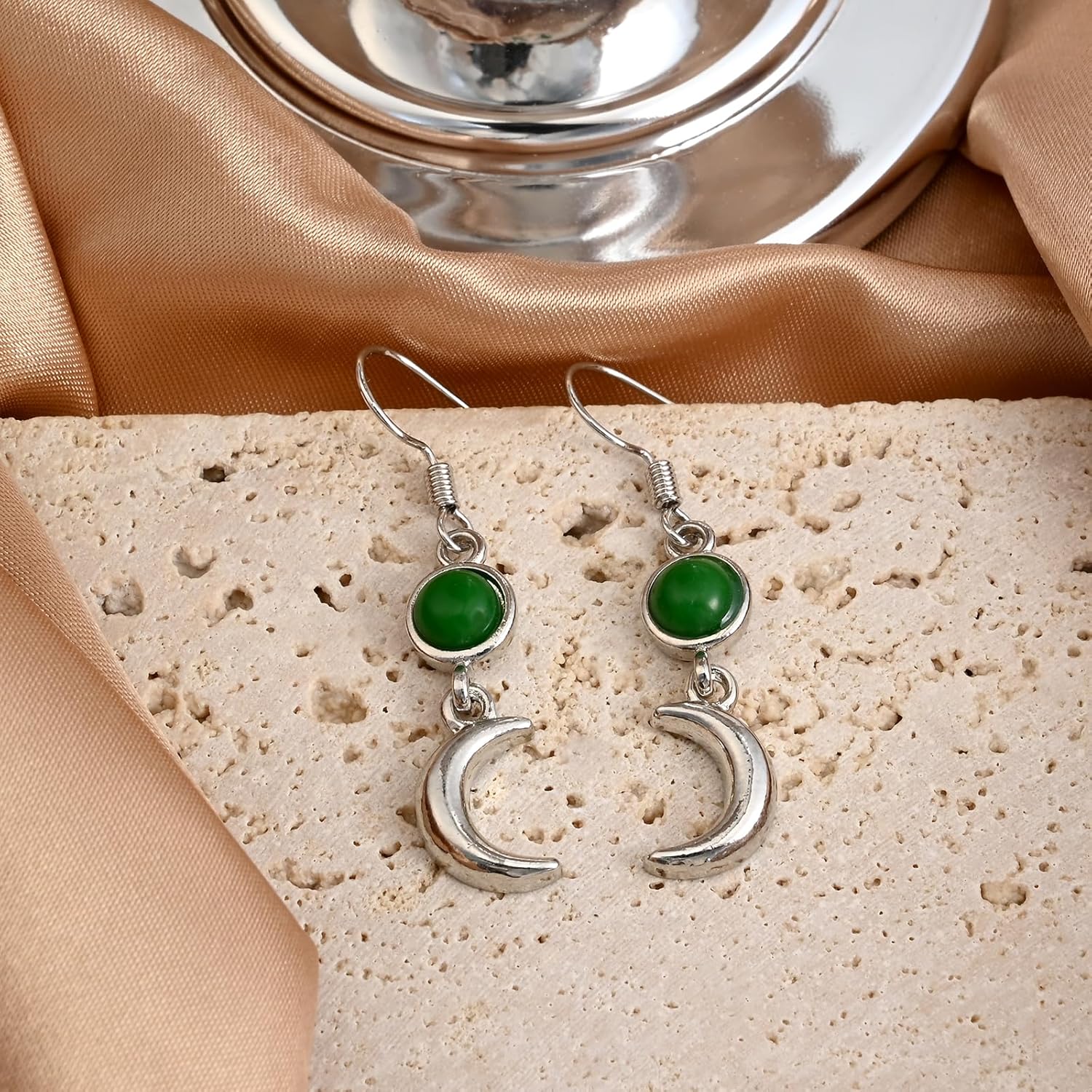 Silver Dangle Earrings for Women with Jade Green Stone and Moon Earrings Boho Style for Western Jewelry - Image 6