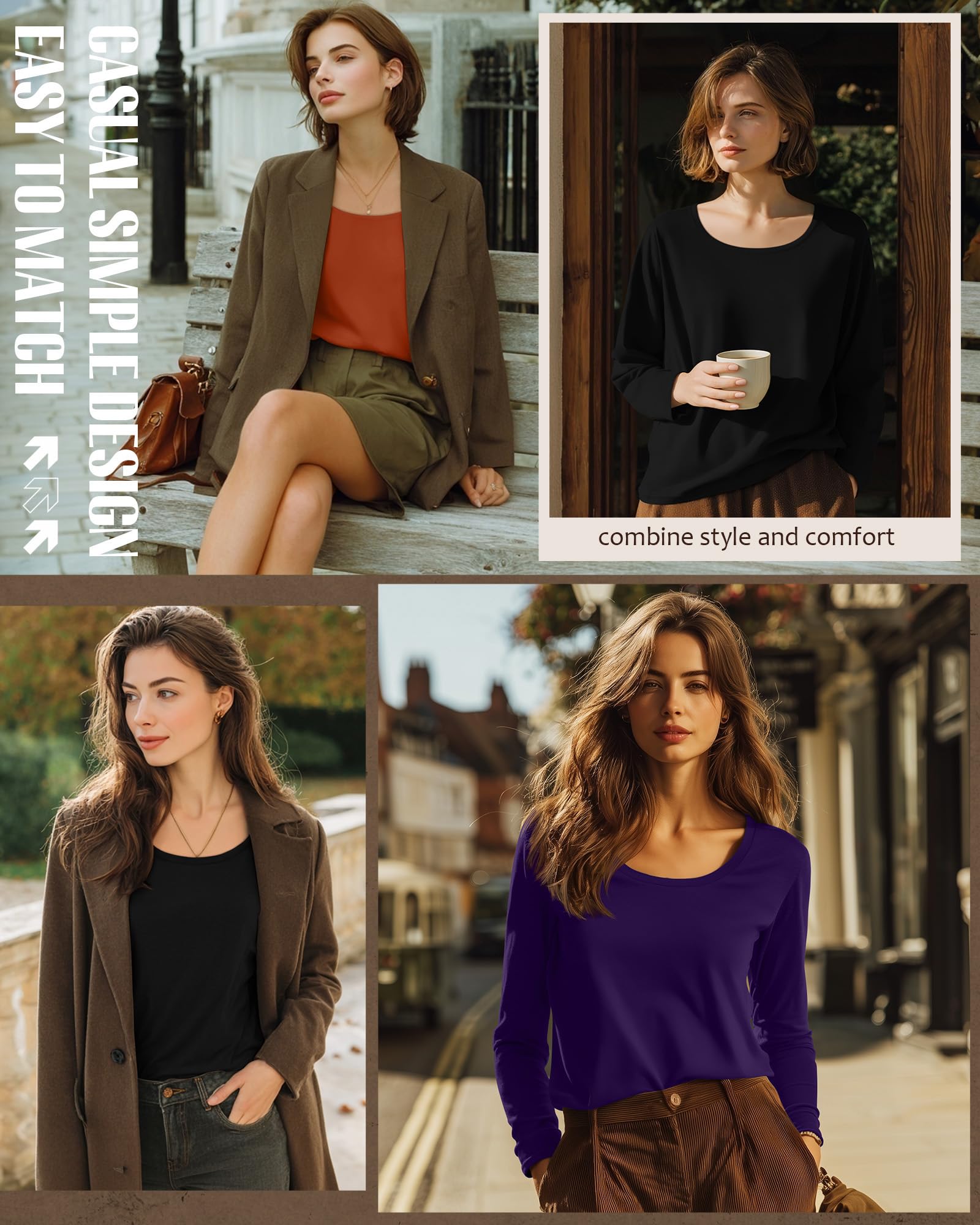 Neer Lot de 3 hauts à manches longues et col rond pour femme, coupe ample, décontracté, pour l'automne
