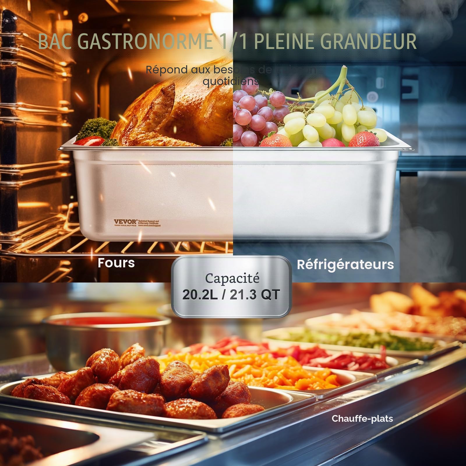 VEVOR Bac Gastronorme GN 1/1 Lot de 6, Récipient Inox pour Bain-marie 0,8 mm d'Épaisseur, Bac Inox Alimentaire 15 cm Profondeur, pour Fours à Convection, Réfrigérateurs, Stockage, Restauration