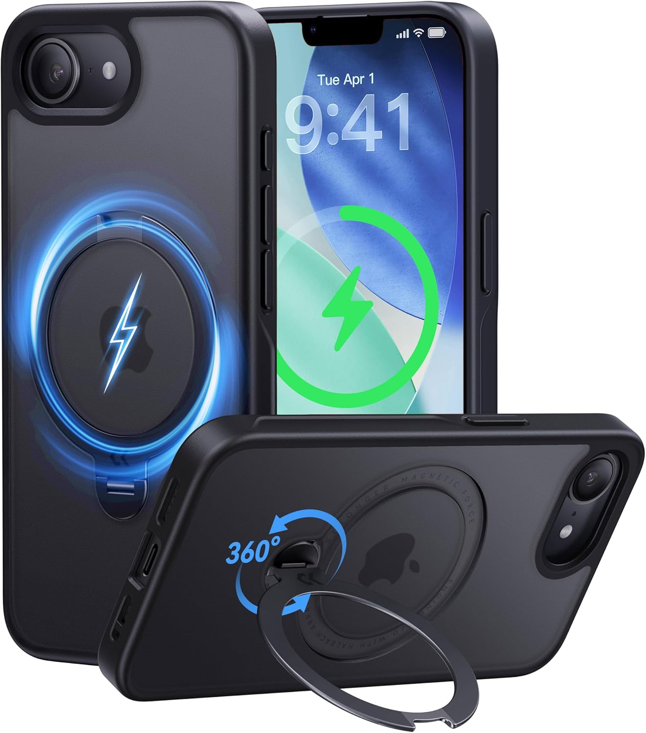CASEKOO Patented 360 Spin Magnetic Stand for iPhone 16e Case [Military Drop Protection] [Compatible with MagSafe] Matte Shockproof Translucent Slim for 16e Case 6.1 Inch 2025, Black