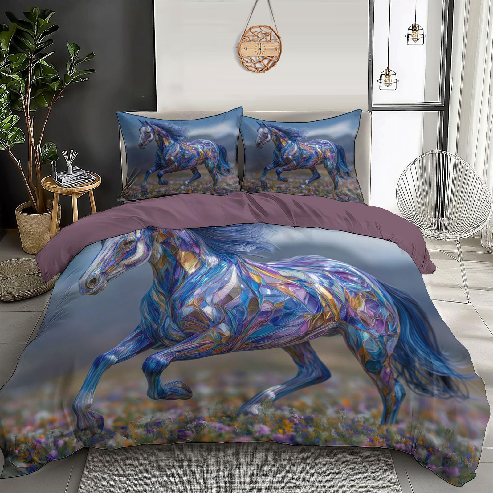 Parure de lit 220x240cm avec housse de couette et taies motifs chevaux
