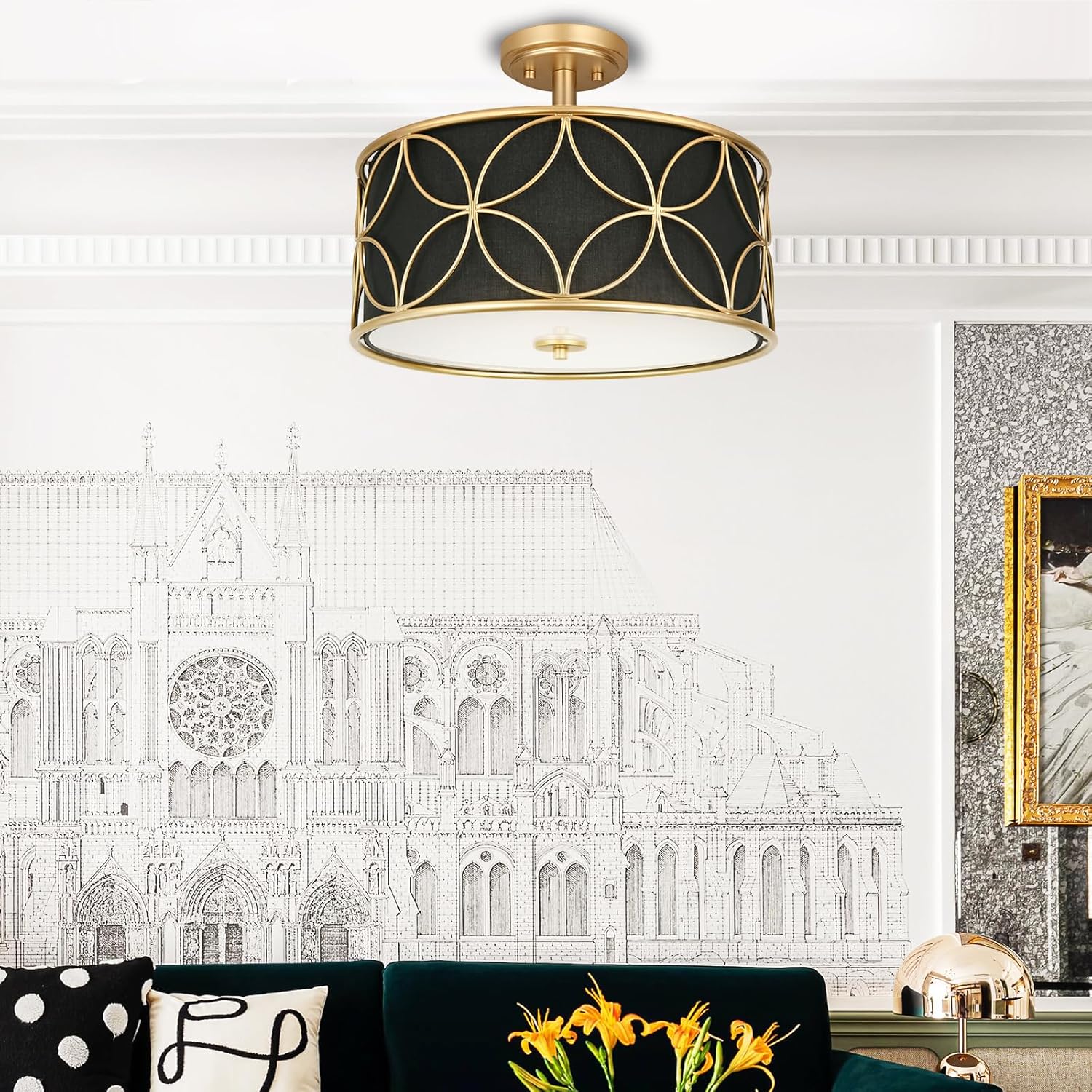 3-Light Semi Flush Mount Ceiling Light, 16" Drum Light with Fabric Shade, Modern Close to Ceiling Lamp for Living Room Bedroom Dining Room Kitchen Hallway Entry Foyer (Black Gold)