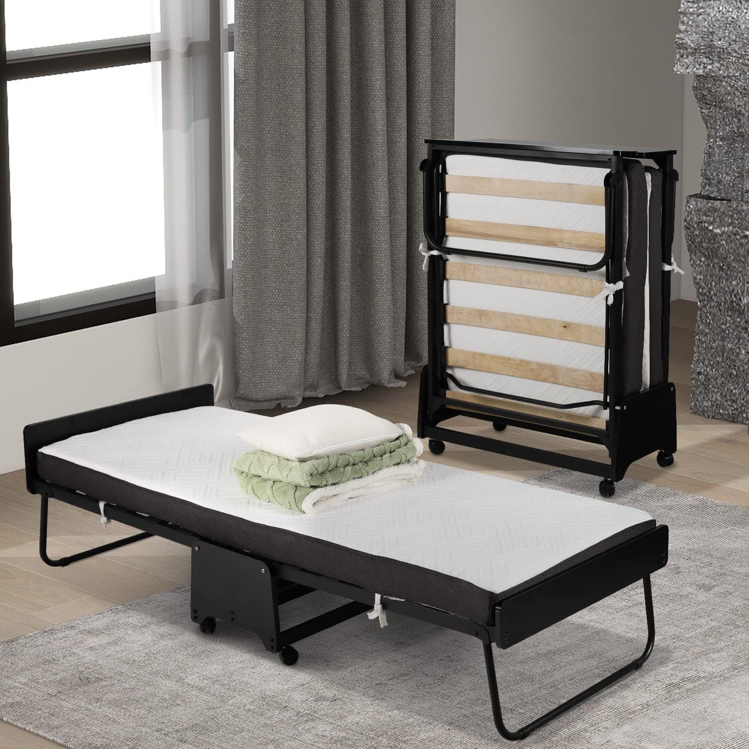 FUNKOCO Single Folding Bed with 4” Memory Foam Mattress for