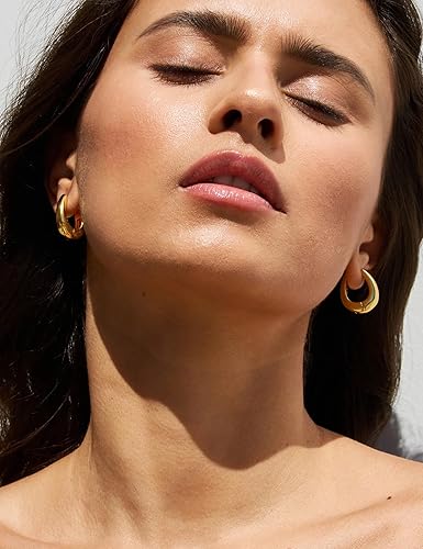 Miniatura 3 de Aretes pequeños de aro gruesos de oro, chapados en oro de 14 quilates, aretes gruesos de aro de oro ligero y grueso para mujer