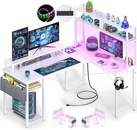 Besiost Small L Shaped Desk Gaming Desk with Power Outlets, 48" Reversible L Shaped LED Computer Desk with Monitor Stand & Storage Shelf, Corner Gamer Desk Home Office Desk with Storage Bag, White - White - 48 Inch