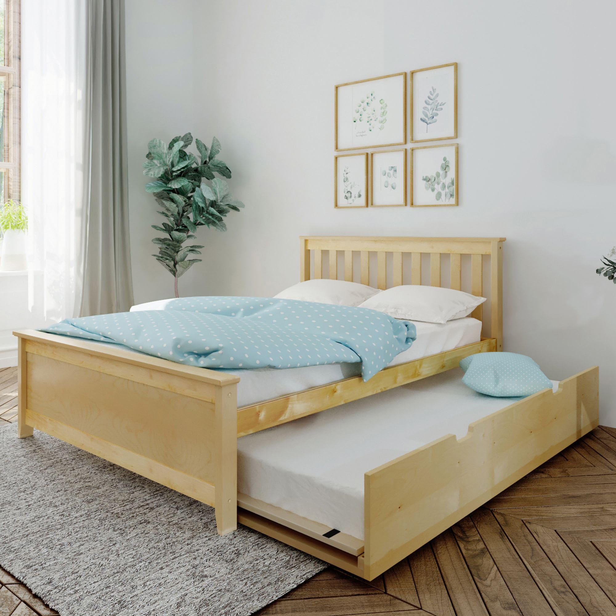 Max & Lily Full Bed, Wood Bed Frame with Headboard For Kids with Trundle, Slatted, Natural, Natural, Full, Bed with Trundle