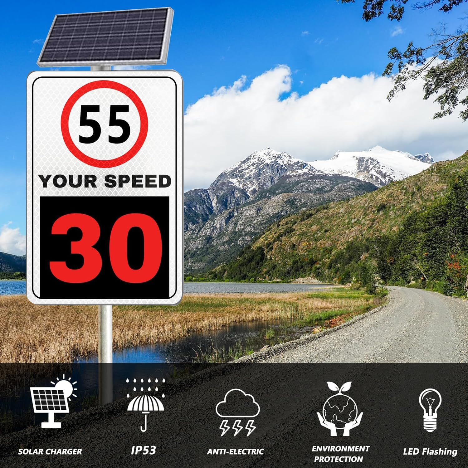 24''x35'' Solar Radar Speed Sign, LED Display Aluminum Speed Limit Sign for Highways & Roads, 65 MPH, Eco-Friendly Traffic Control Solution