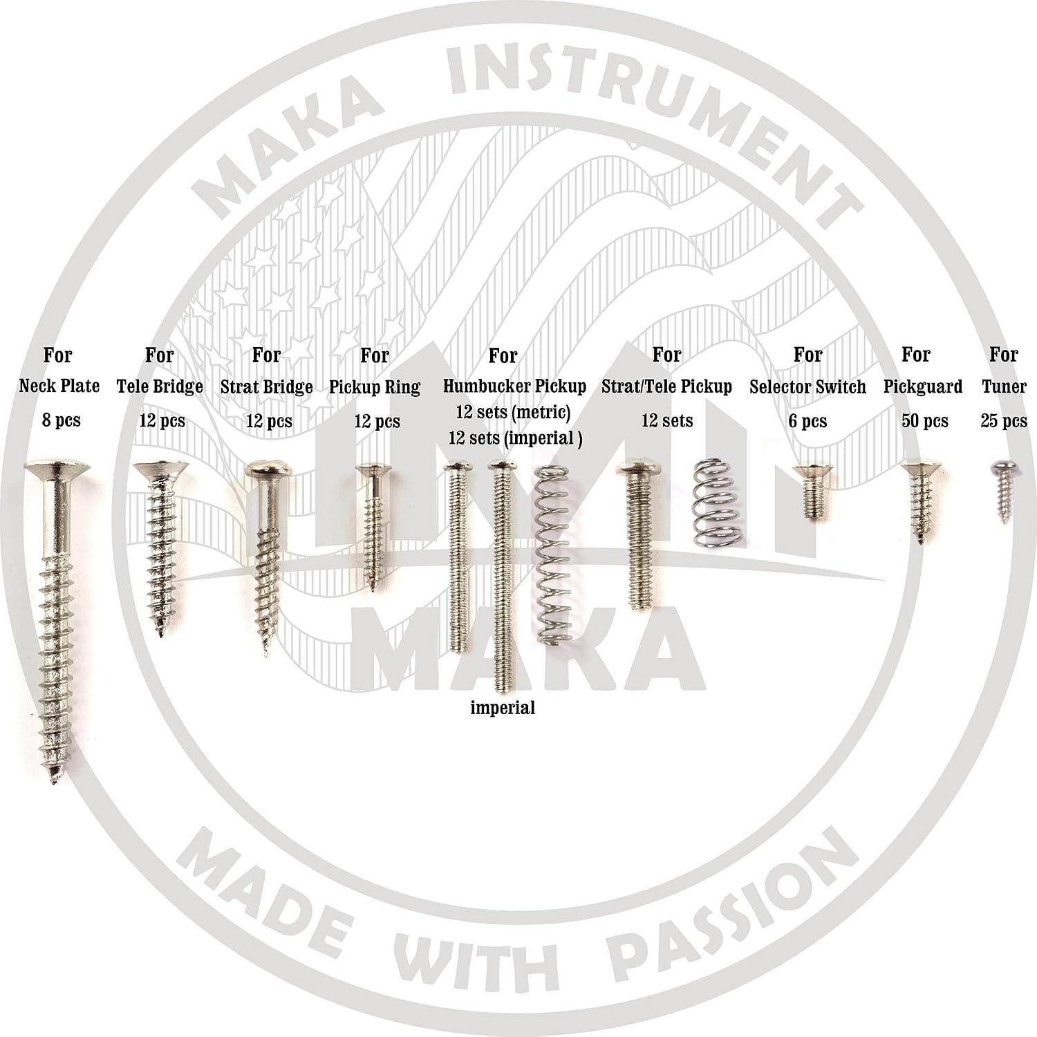 MAKA Guitar Screw Kit Assortment with Custom Acrylic Storage Box for Electric Guitar Bridge, Pickup, Pickguard, Tuner, Switch, Neck Plate, with Springs, Chrome