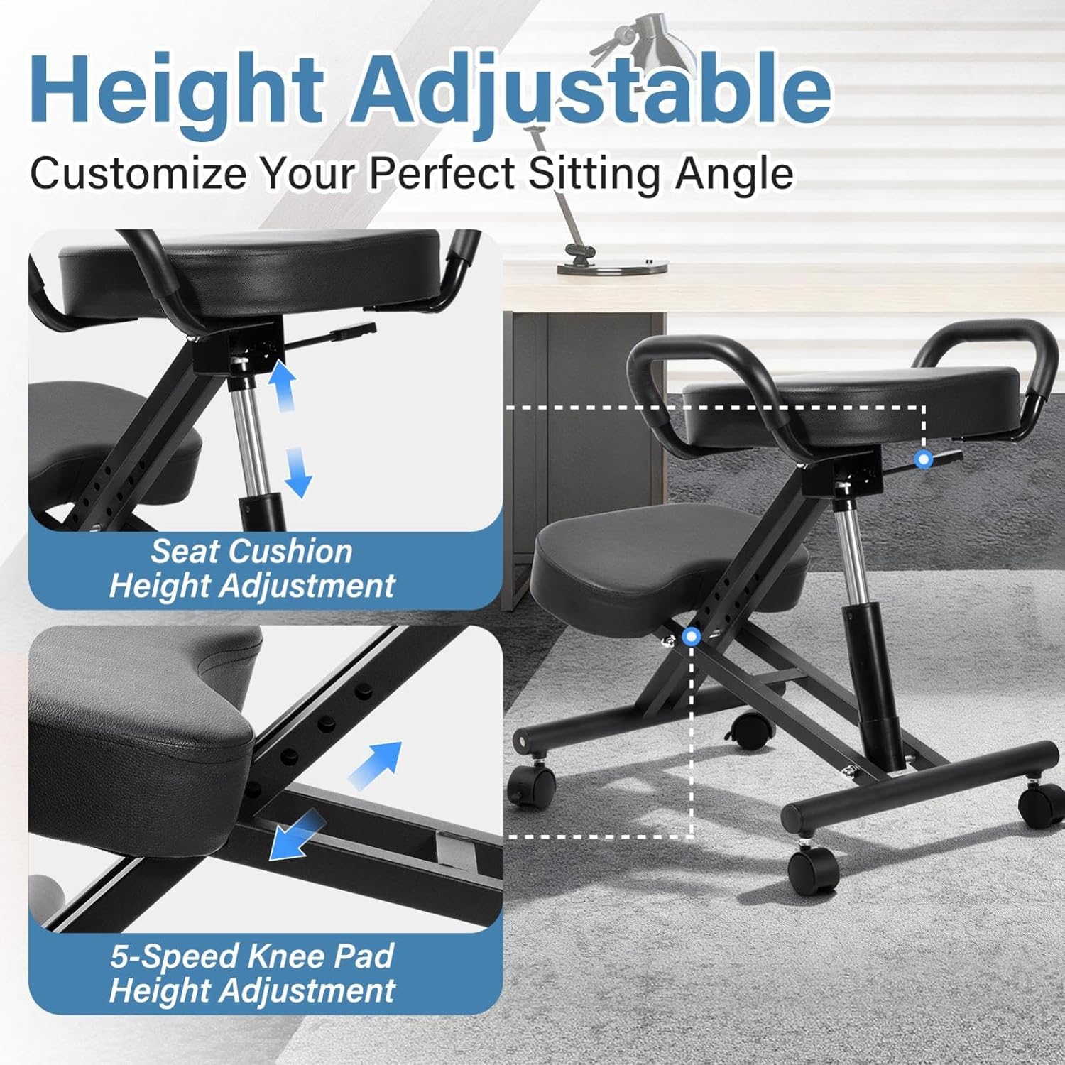 Kneeling Chair Ergonomic with Armrests Locking Casters 22.4"-26.3" Height-Adjustable Postures Seat 220 Lbs for Home Office Meditation Black