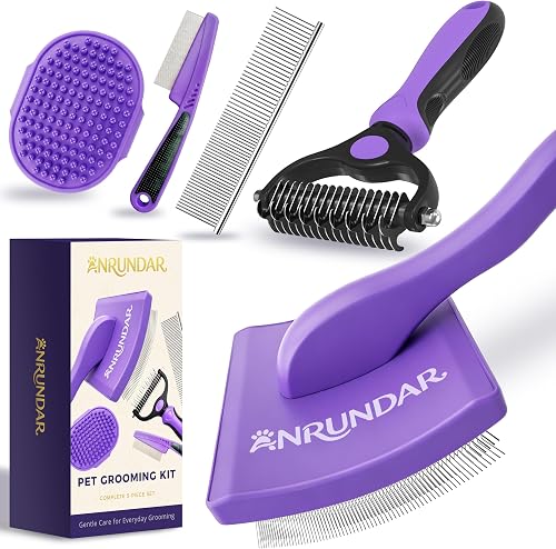 Anrundar 5PCS Dog Grooming Kit with Long Pin Slicker Brush for Dogs, Violet