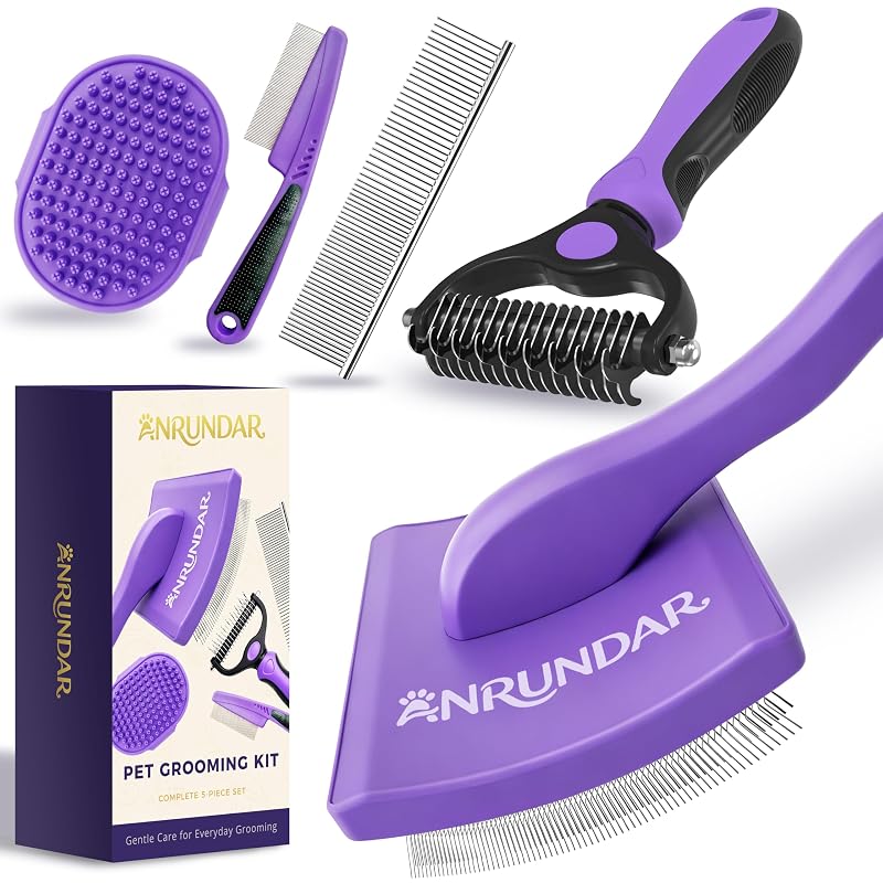 Kit de Escovas para Cães e Gatos Anrundar com Escova Slicker de Pinos Longos, 5 Peças, Violeta