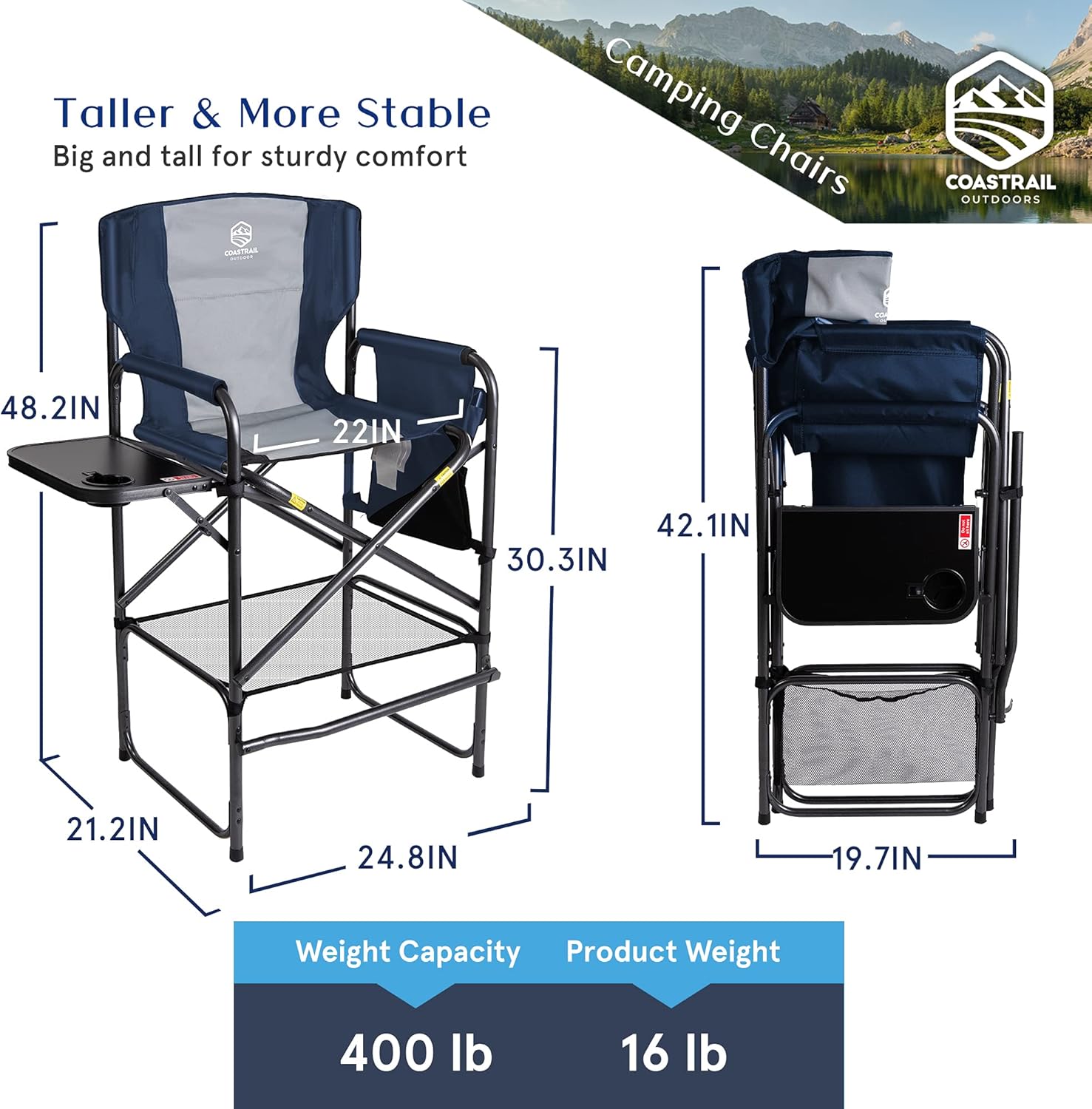 Coastrail Outdoor Tall Directors Chair Folding 30" Height, Supports 400 lb, Padded Comfort Indoor, Outdoor, Patio Chair with Side Table & Pockets for Camping Artists Patio RV Studio Grey : Sports & Outdoors