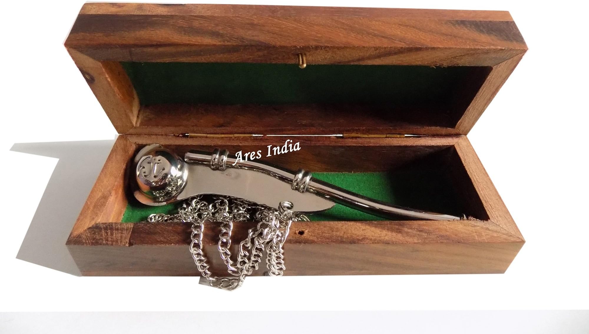 Ares India 5" Brass Boatswain Whistle With Chain Wooden Box Bosun Call Pipe Maritime Nautical