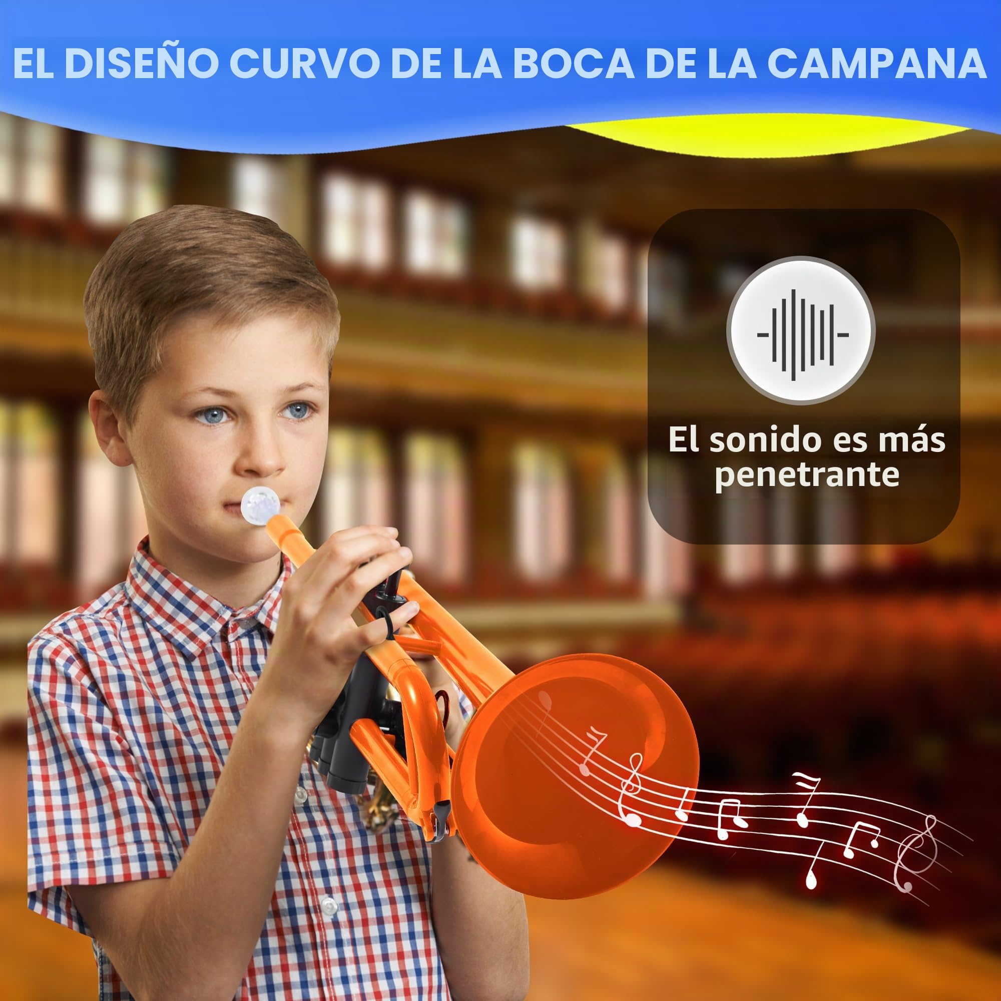 PAMPET Juego de trompeta profesional de plástico para estudiantes principiantes con boquilla 7C y boquilla 3C, instrumento de trompeta Bb naranja