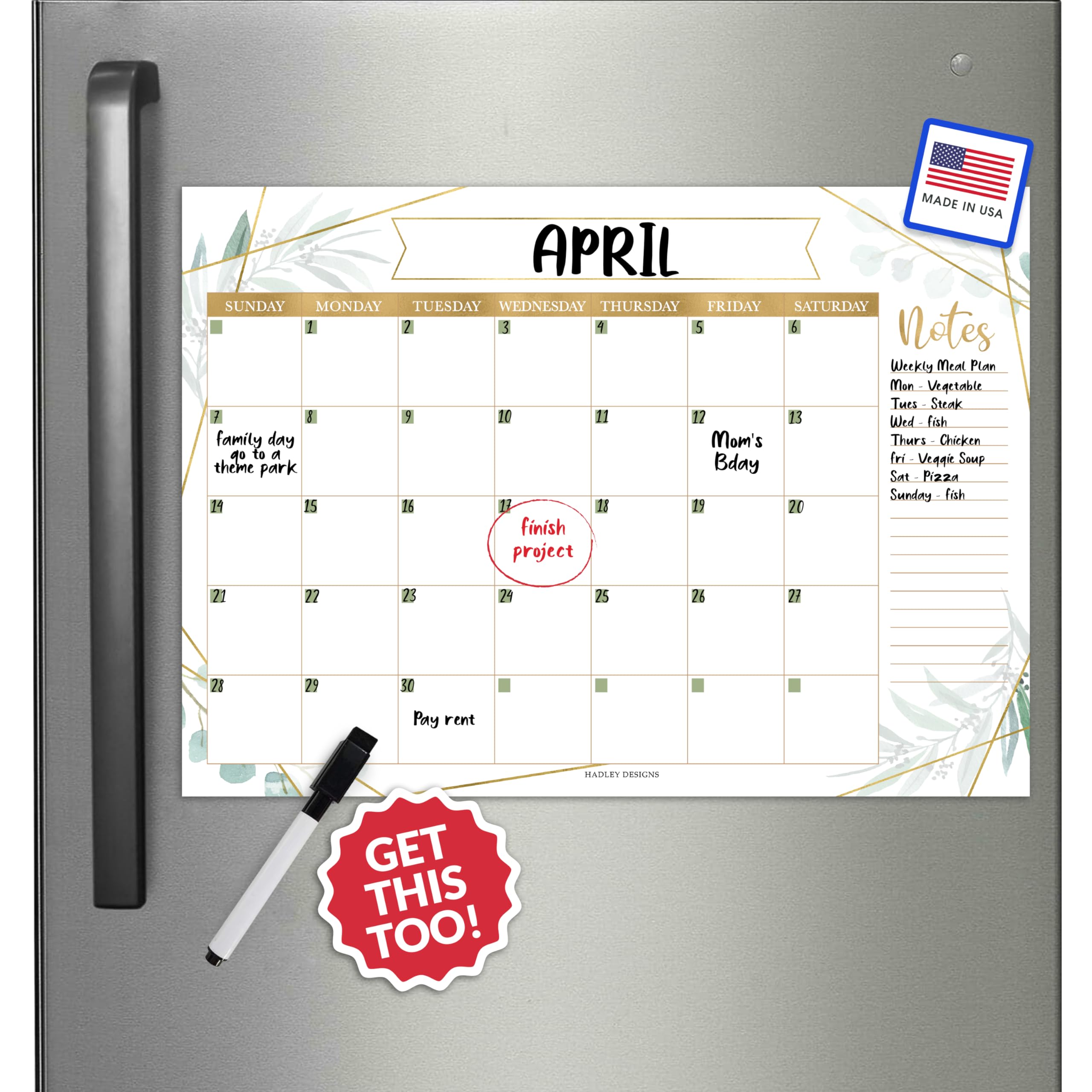 Hadley Designs Greenery Magnetic Calendar For Refrigerator Dry Erase-Magnetic Whiteboard Calendar For Fridge
