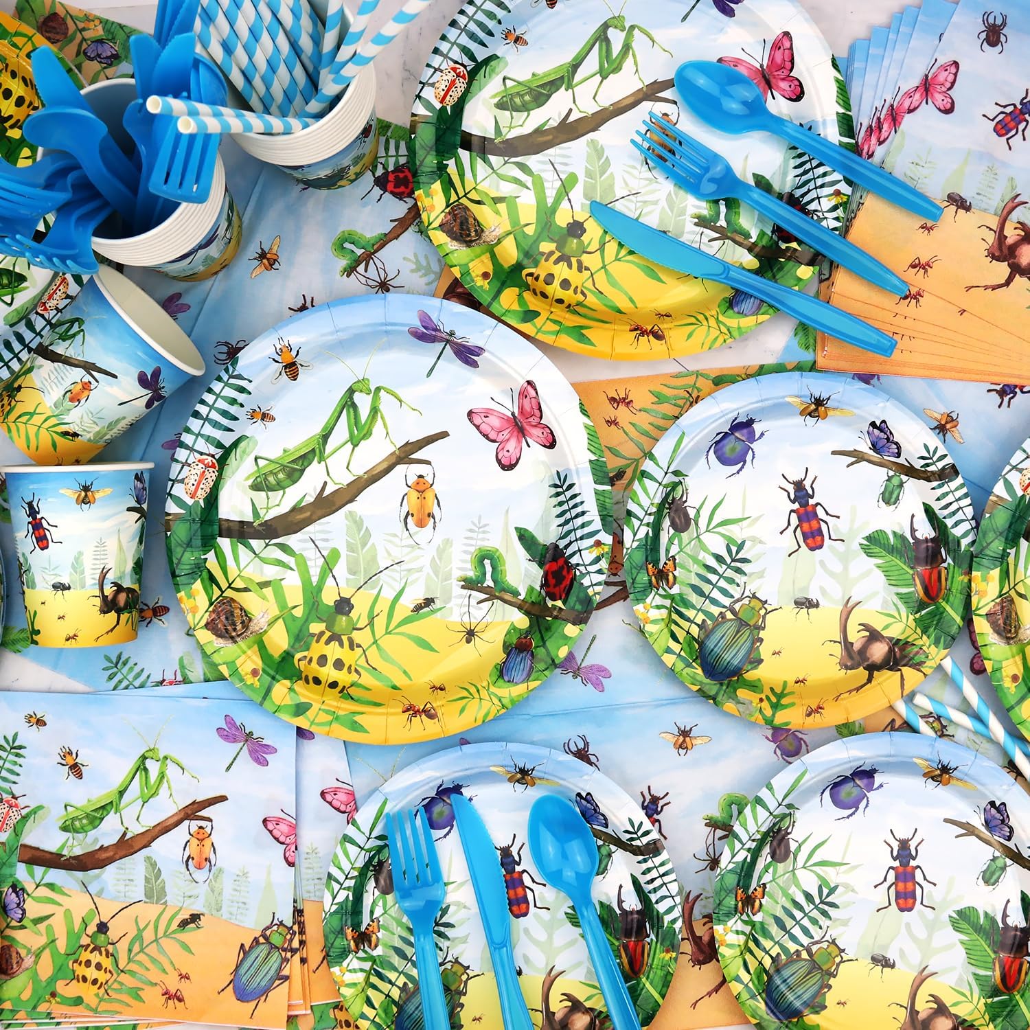 Bugs Birthday Party Decorations - Insect Party Supplies, Plates Cups Napkins Tablecloth Cutlery Happy Birthday Backdrop Balloon Cake Toppers for Class Office Garden Reptile Baby Shower
