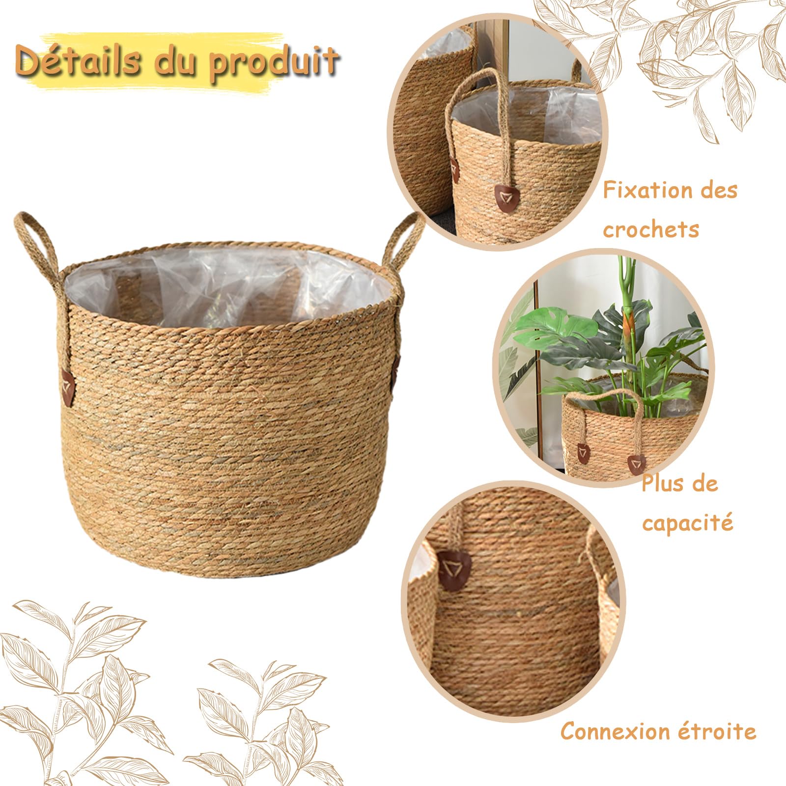 Panier Osier pour Plantes，Grand Potde Fleurs Tressé en Rotin,Cache Pot Intérieur Moderne et Pratique,Panier à Plantes en Osier Naturel - Décoration Maison et Rangement Élégant - Diamètre (L)