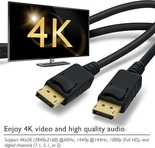 Vista 9 de GearIT Paquete de 2 cables DisplayPort a DisplayPort chapados en oro de 10 pies, listo para resolución 4K (cable DP a DP) negro