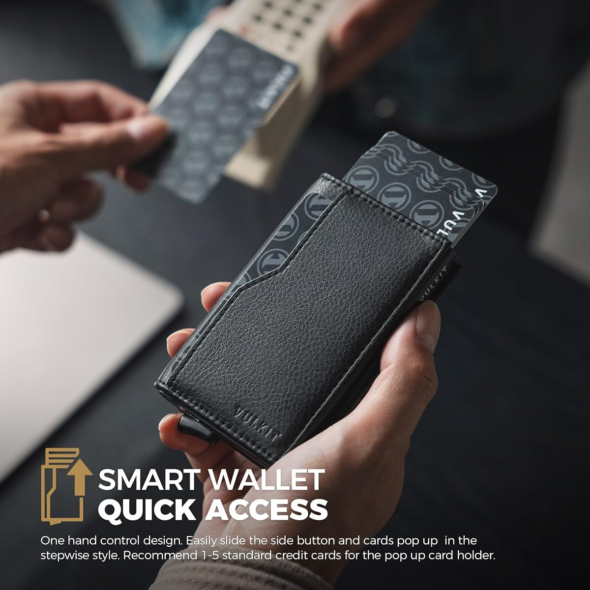 VULKIT Credit Card Holder with Double ID Window Leather Passcase Wallet RFID Blocking Automatic Pop Up Card Wallet for Cards & Notes