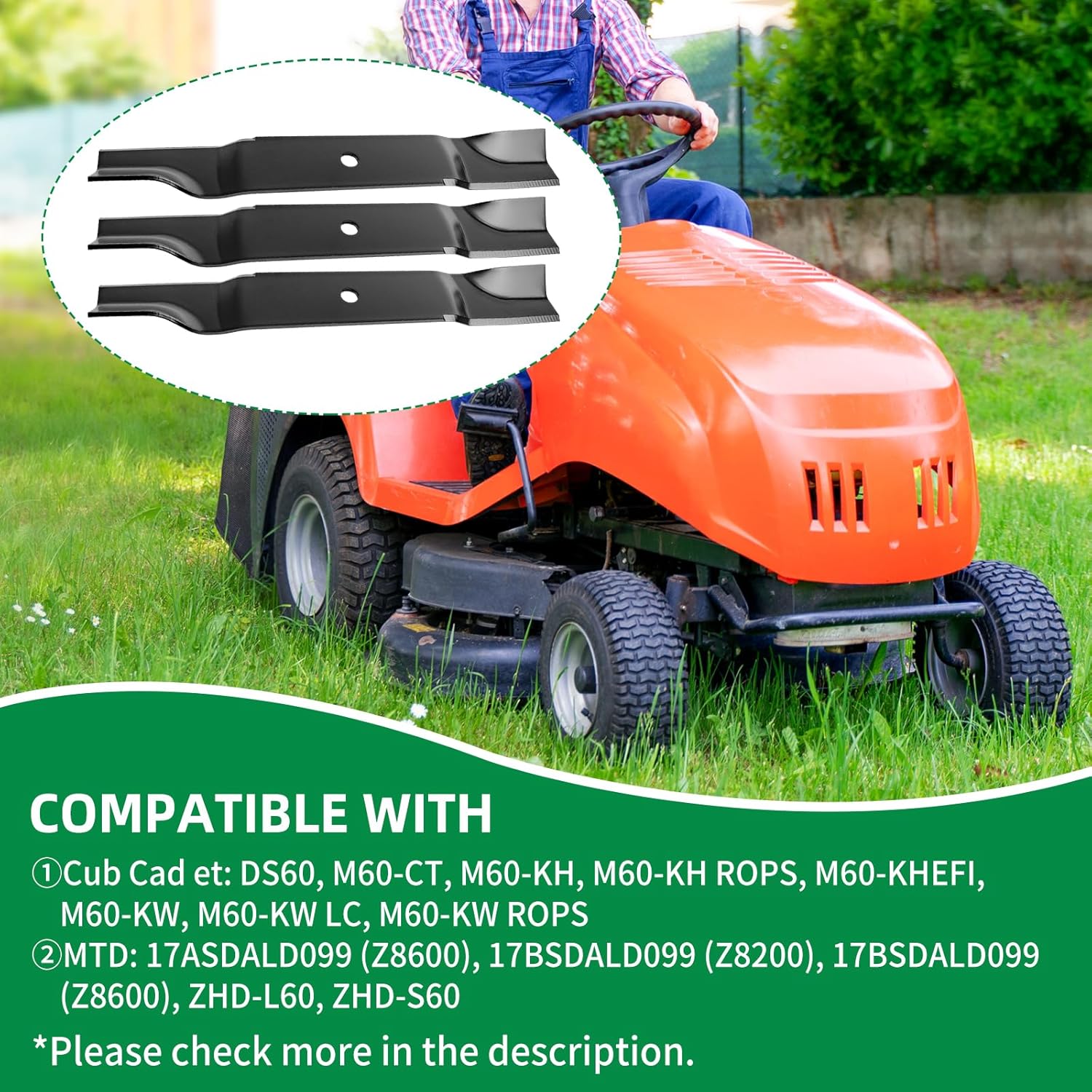 742-04415 High Lift Mower Blades Compatible with Cub Cad et 60" Cut Deck, 942-04415 Replacement Blades Fit for DS60/M60-CT/M60-KH ROPS/Recon 60, Replace for 01005338, 02005019, 01005338P, 3 Pack