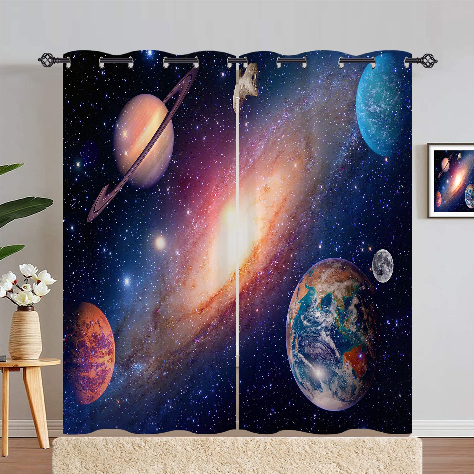 ANHOPE Planet Curtains Eyelet Thermal 80% Blackout Curtains with Space Galaxy Earth Print Pattern Soundproof Privacy Window Drapes for Kids Boys Girls Bedroom Living Room 55 x 84 Inch Drop 2 Panels โ image 1