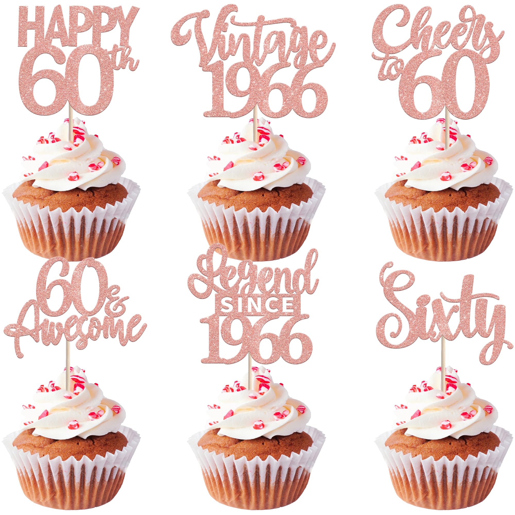 24PCS Happy 60th Birthday Cupcake Toppers Sixty Vintage 1966 Cupcake Picks Cheers to 60 Lengend Since 1966 Cake Decorations for 60th Birthday