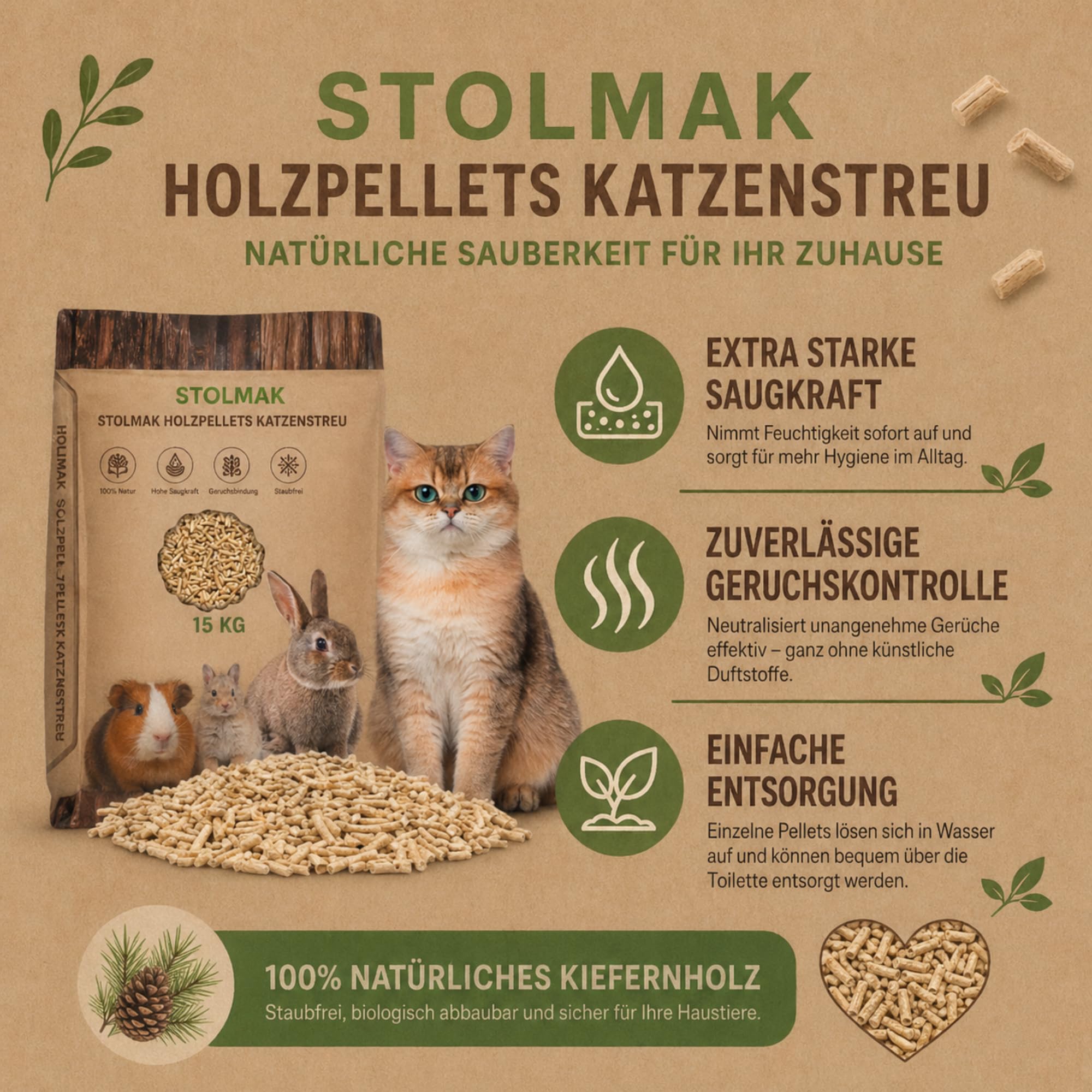 Żwirek drewniany dla kota 15 kg 30 l, pellet sosnowy, naturalny, biodegradowalny, chłonny, dla kotów, królików i gryzoni