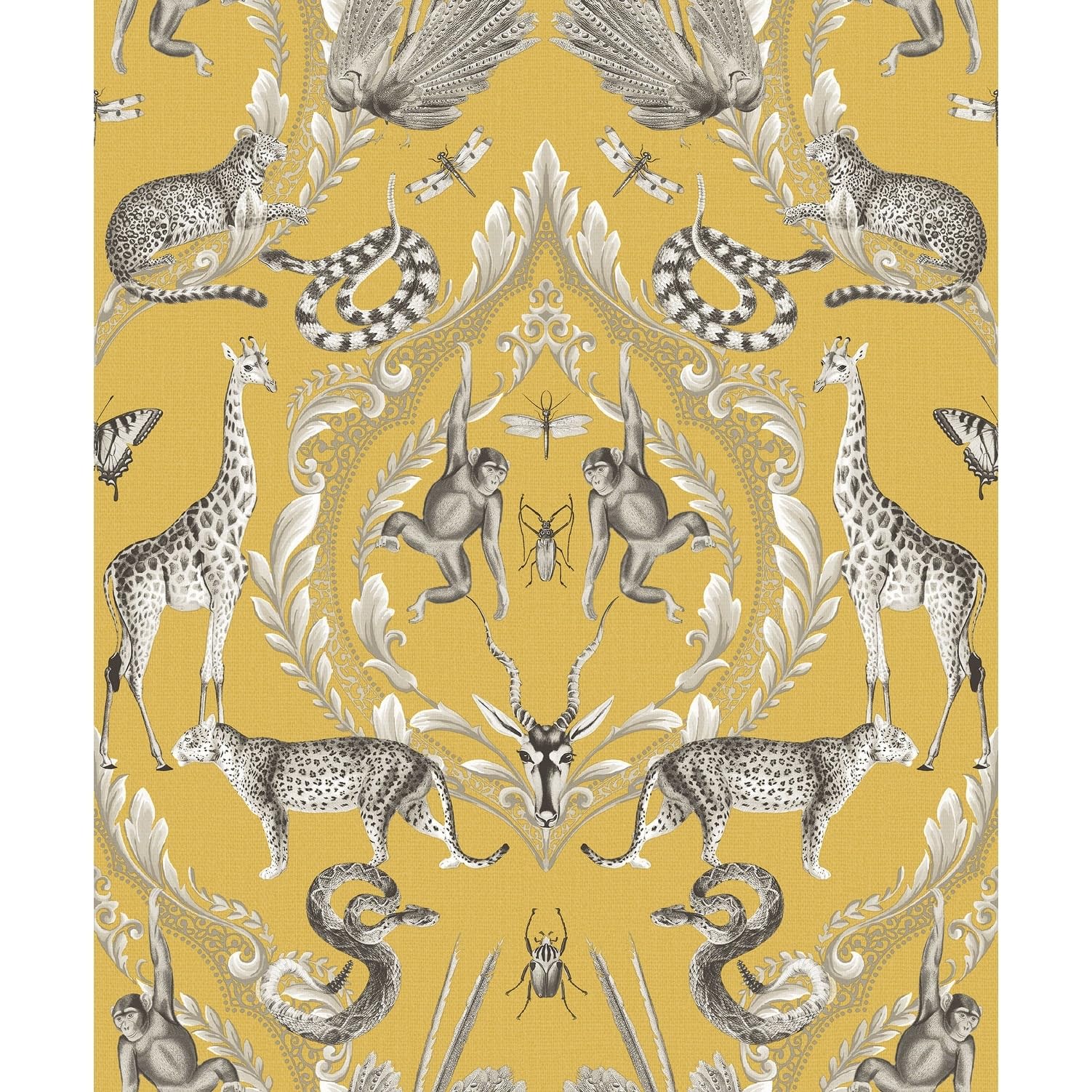 G78315 - Bazaar Tropical Wildlife Damask Mustard Galerie Wallpaper