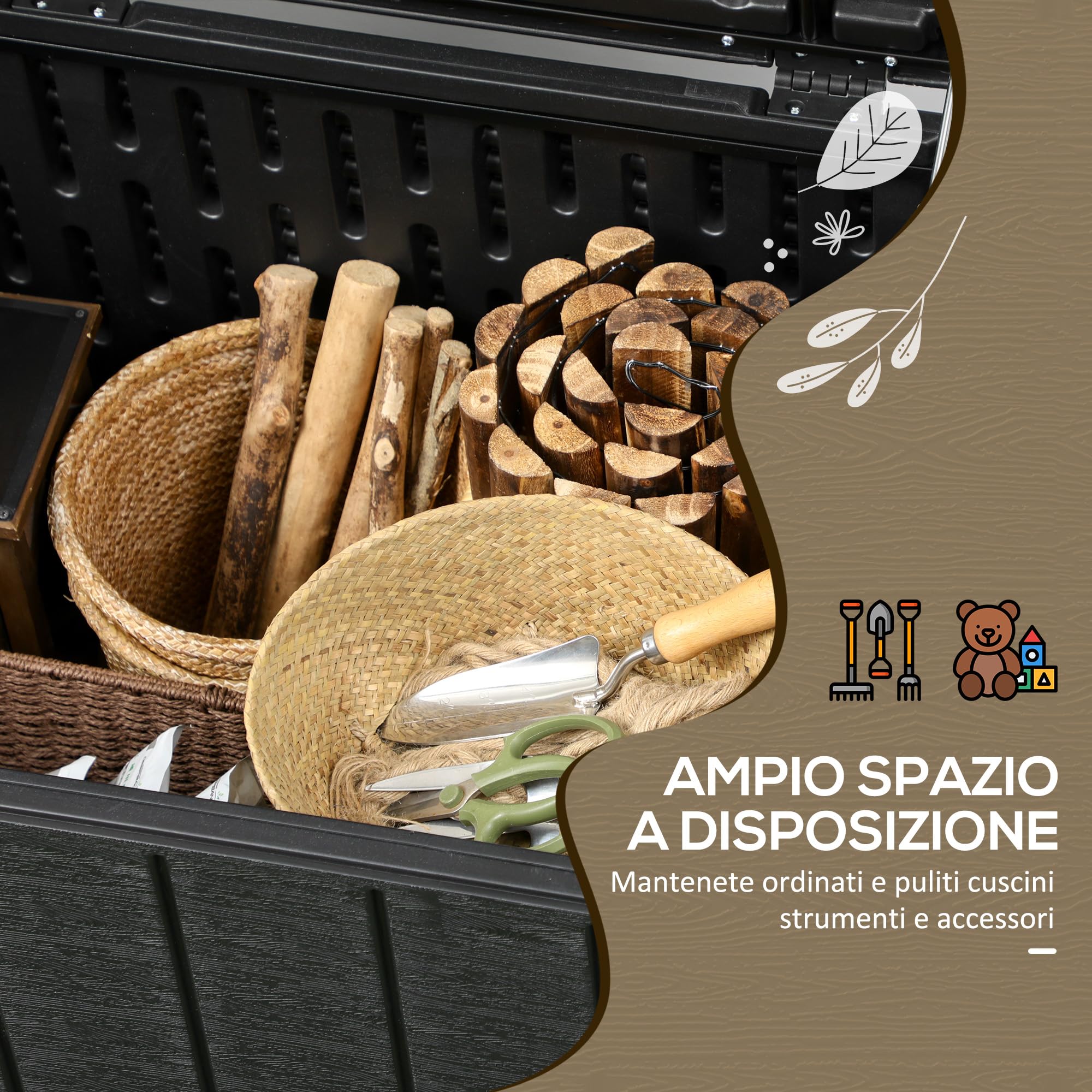 Outsunny Baule da Esterno da 366L Effetto Legno con Coperchio a Doppia Leva, 2 Maniglie e 2 Rotelle, Cassapanca Contenitore da Esterno in Plastica, 122.4x62x64.5 cm, Nero