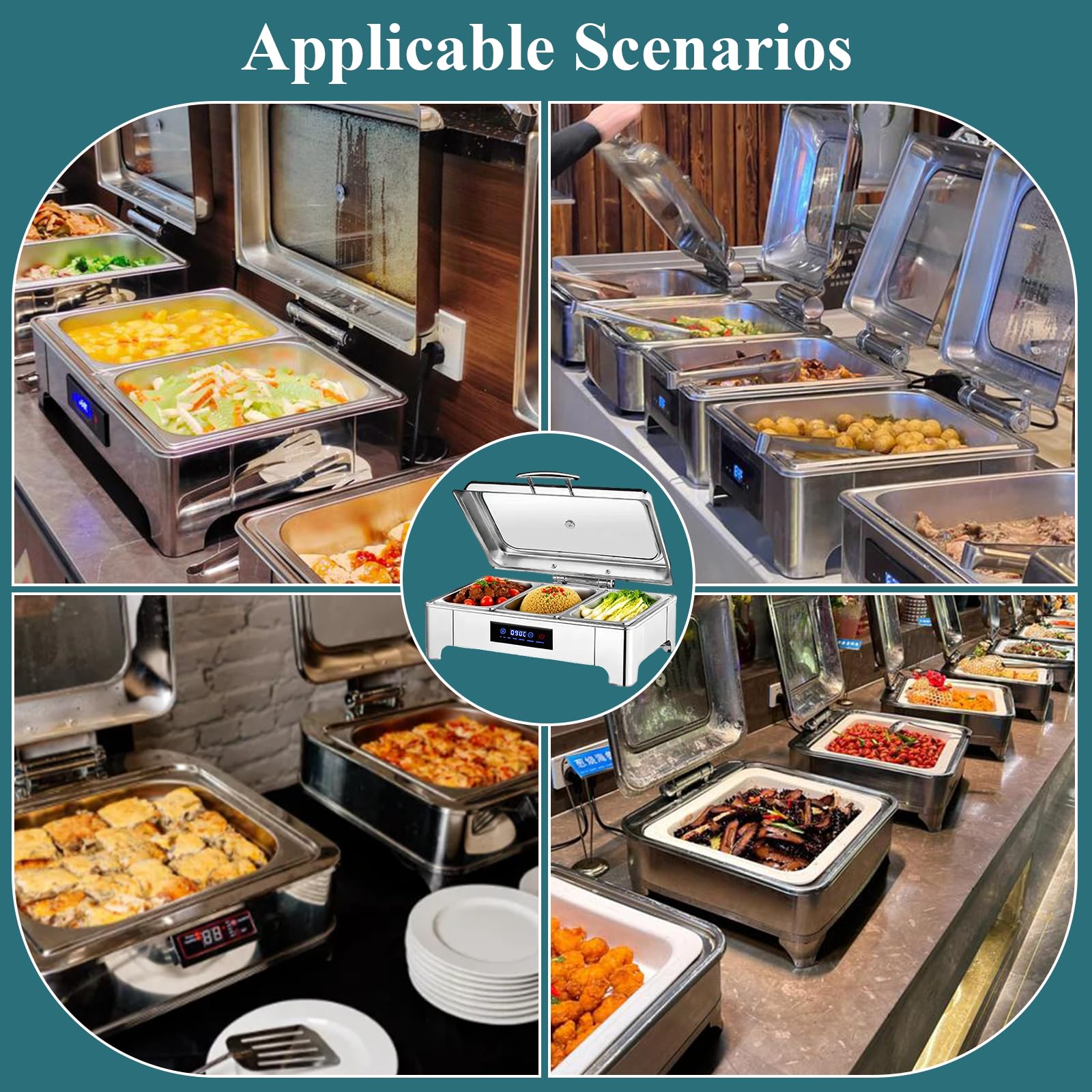Chafing Dish Elettrico 9L Temperatura Regolabile 35-90℃(B,1/2 Pan) | 400W Scaldavivande Elettrico Professionale per Buffet in Acciaio Inox, Contenitore Scalda Cibo per Buffet, Ristoranti, Hotel