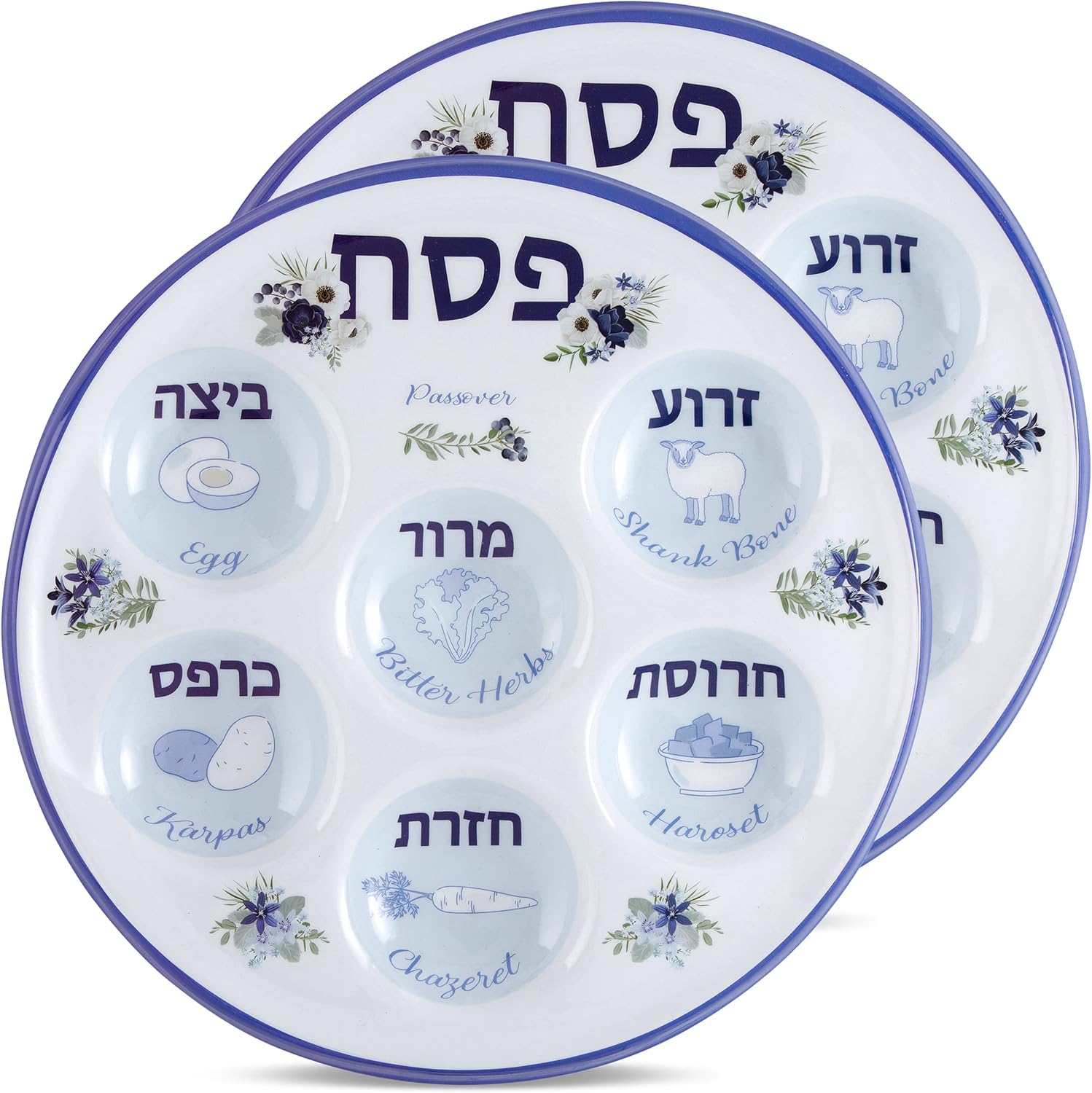 Disposable Passover Seder Plate 10.5" Floral Design Durable Plastic - Multi Pack Round Pesach Seder Plates Passover Table Decorations (2 Pack)