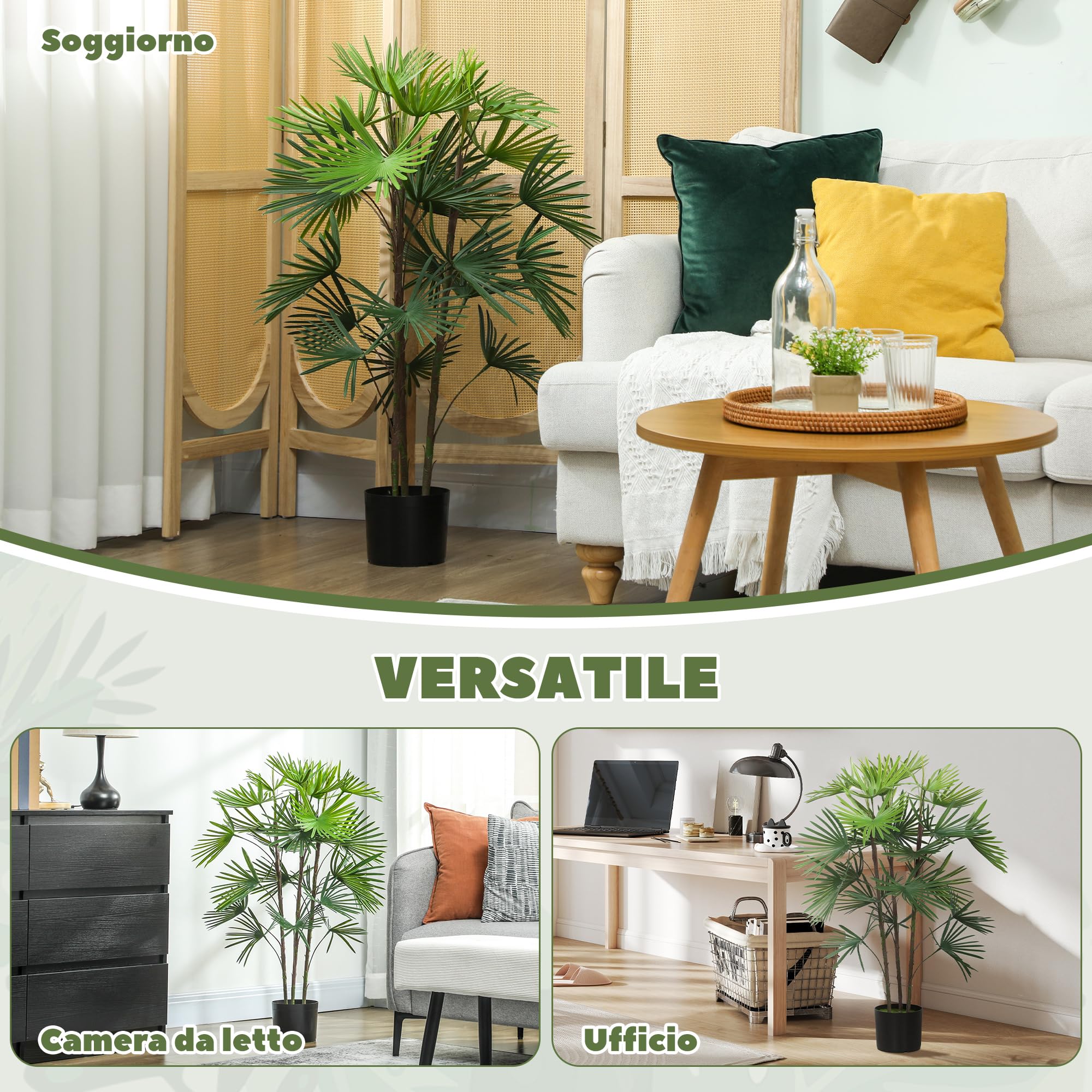 HOMCOM Palma Artificiale da 90 cm a 24 Foglie con Vaso Ø16.5x13.5 cm Verde