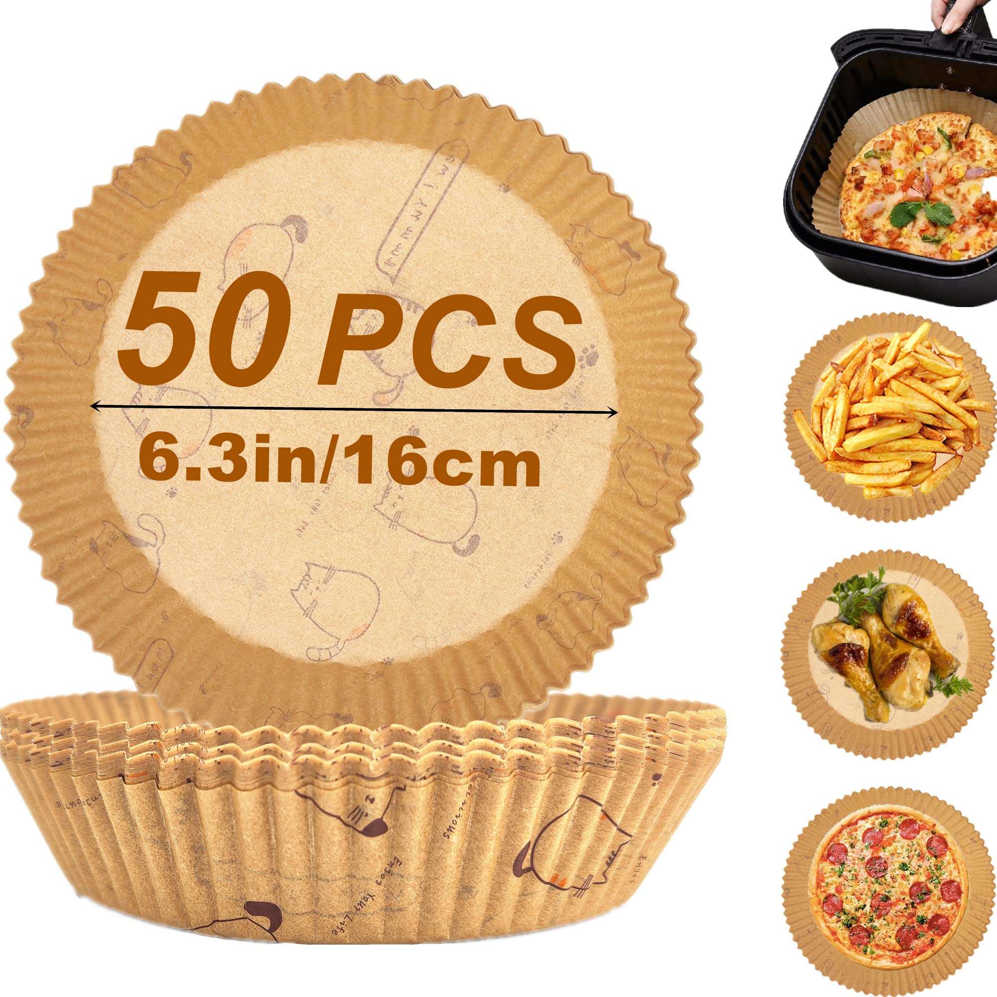 Air Fryer Liners with Cute Cartoon Pattern, 6.3 inches 50PCS Airfryer Paper Liners Air Fryer Disposable Paper Liner Non-Stick, Oil-Proof, Water-Proof. Food Grade Baking Paper for Roasting Microwave