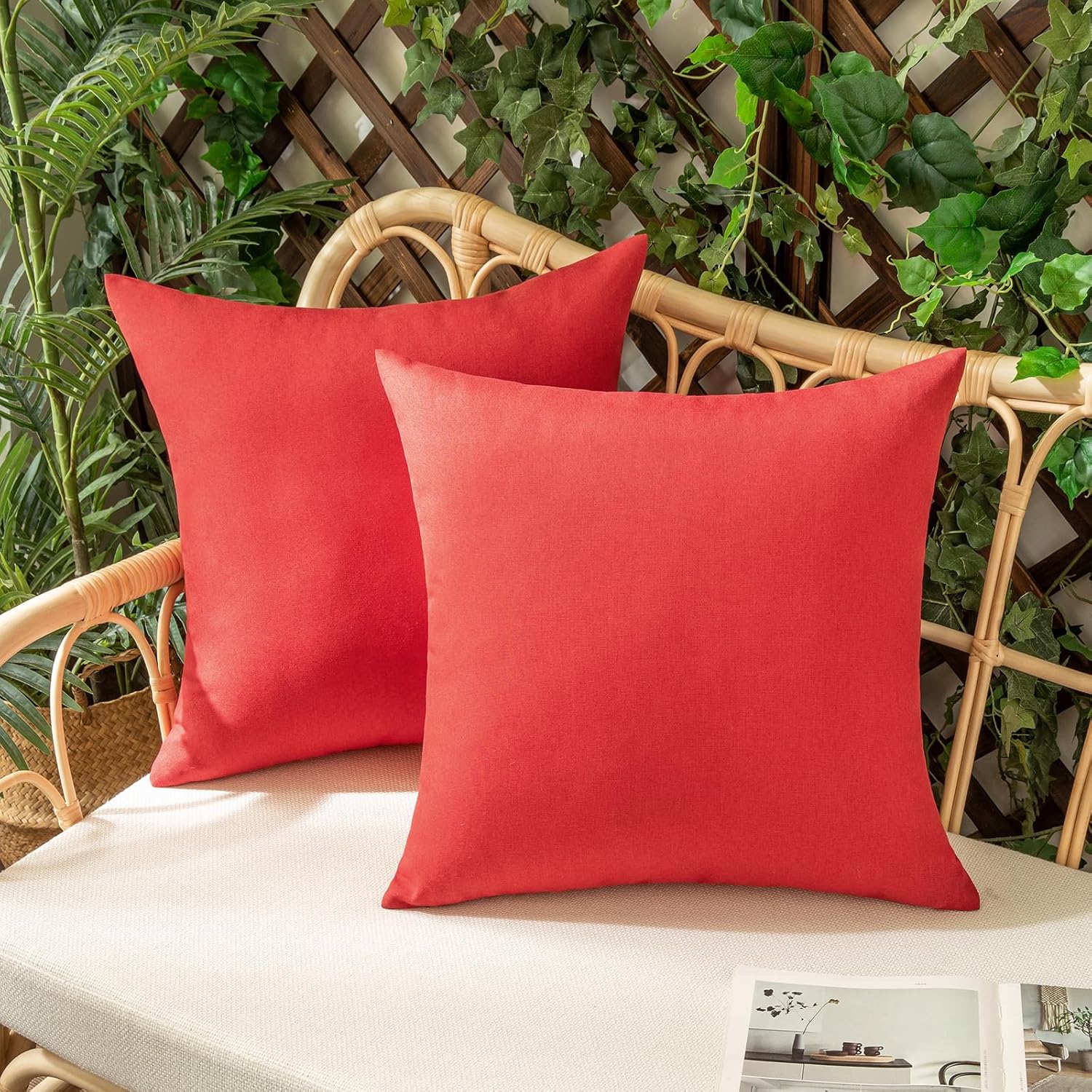 Woaboy Set of 2 Red Outdoor Waterproof Throw Pillow Covers Decorative Farmhouse Linen Pillowcases Solid Cushion Cases for Patio Tent Balcony Couch Sofa Livingroom 18x18 inch 18" x 18" (Pack of 2) Red