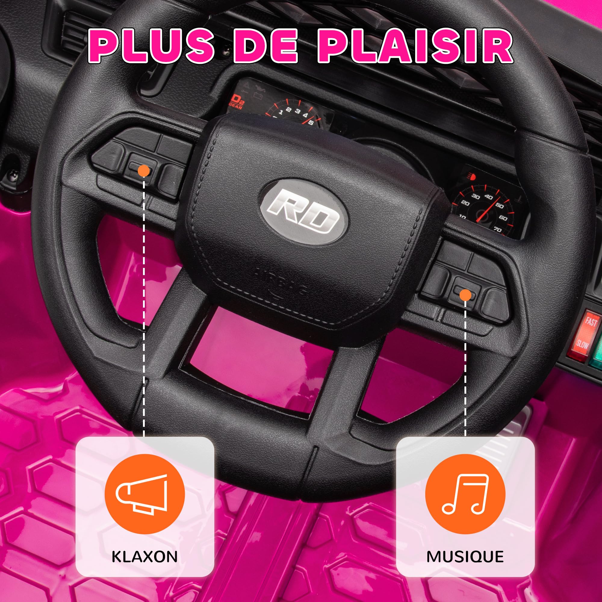 AIYAPLAY Voiture électrique Enfant, 4x4 Buggy électrique Enfant, avec télécommande 2,4Ghz, 2 Moteurs 12 V, Vitesse réglable, Port USB, Musique, klaxon, lumières LED, Noir