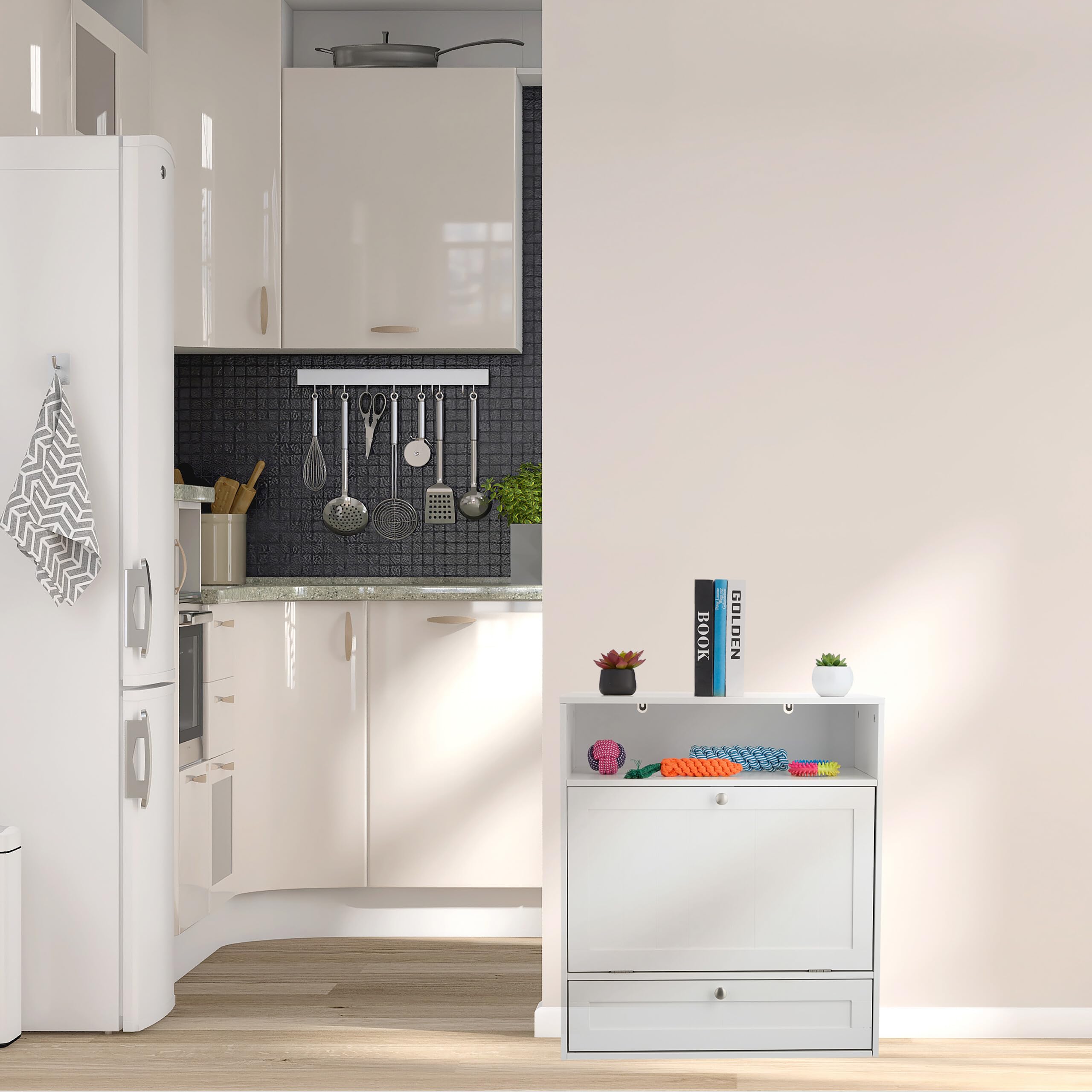 Relaxdays Armario de Comida para Perros, Cajón con 2 Tazones, Espacio para Pienso, 68x60x33cm, MDF, Blanco