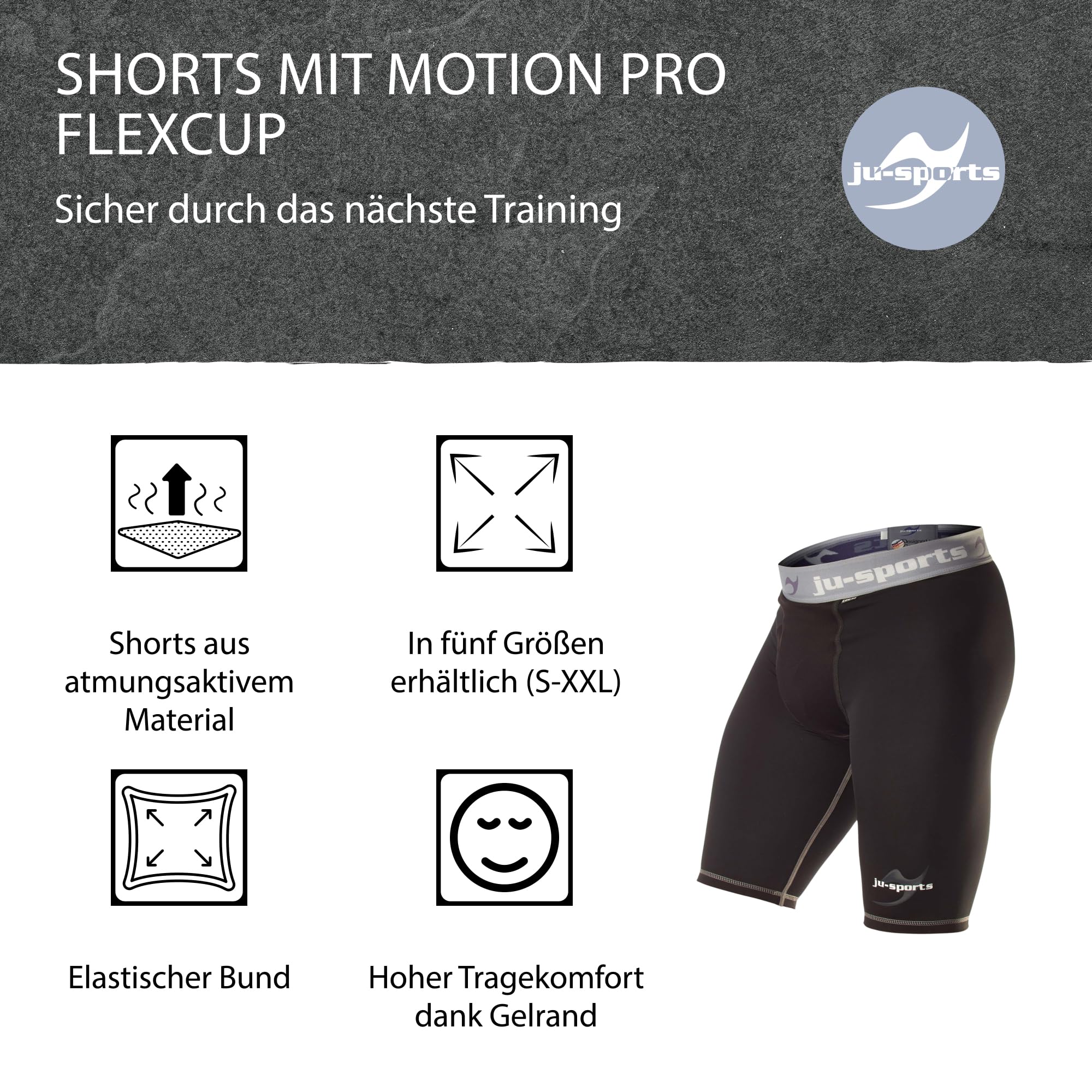 Ju-Sports Tiefschutz Herren Kampfsport Base Supporter + Motion Pro Flexcup - Belüftete vorgeformte Tasche für Cup aus atmungsaktivem Mesh-Material, Mit 4-Wege Stretch Material