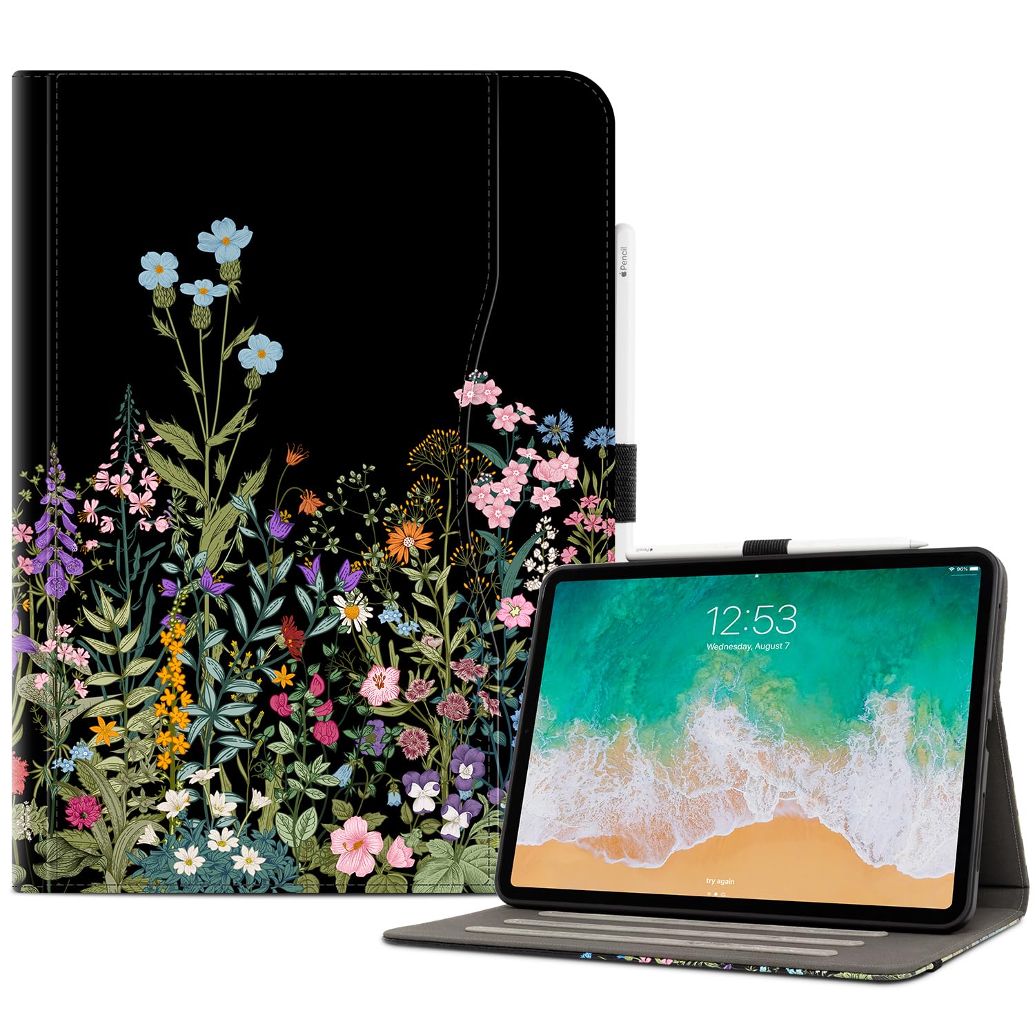 for iPad Air M3/M2 11 Inch Case 2025/2024, for iPad Air 5Th/4Th Generation Cover 10.9-inch, for iPad Pro 11 Inch Case 4th/3rd/2nd/1st Generation Pencil Holder/Hand Strap/Pocket, Black Flower