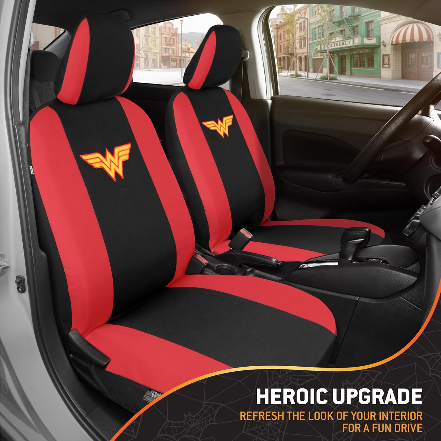 BDK Warner Bros DC Comics Wonder Woman Car Accessories, Full 9 Piece Set Polyester Seat Covers, Black & Red, Universal Fit for Car Truck Van SUV, Side Airbag Compatible, Easy to Install