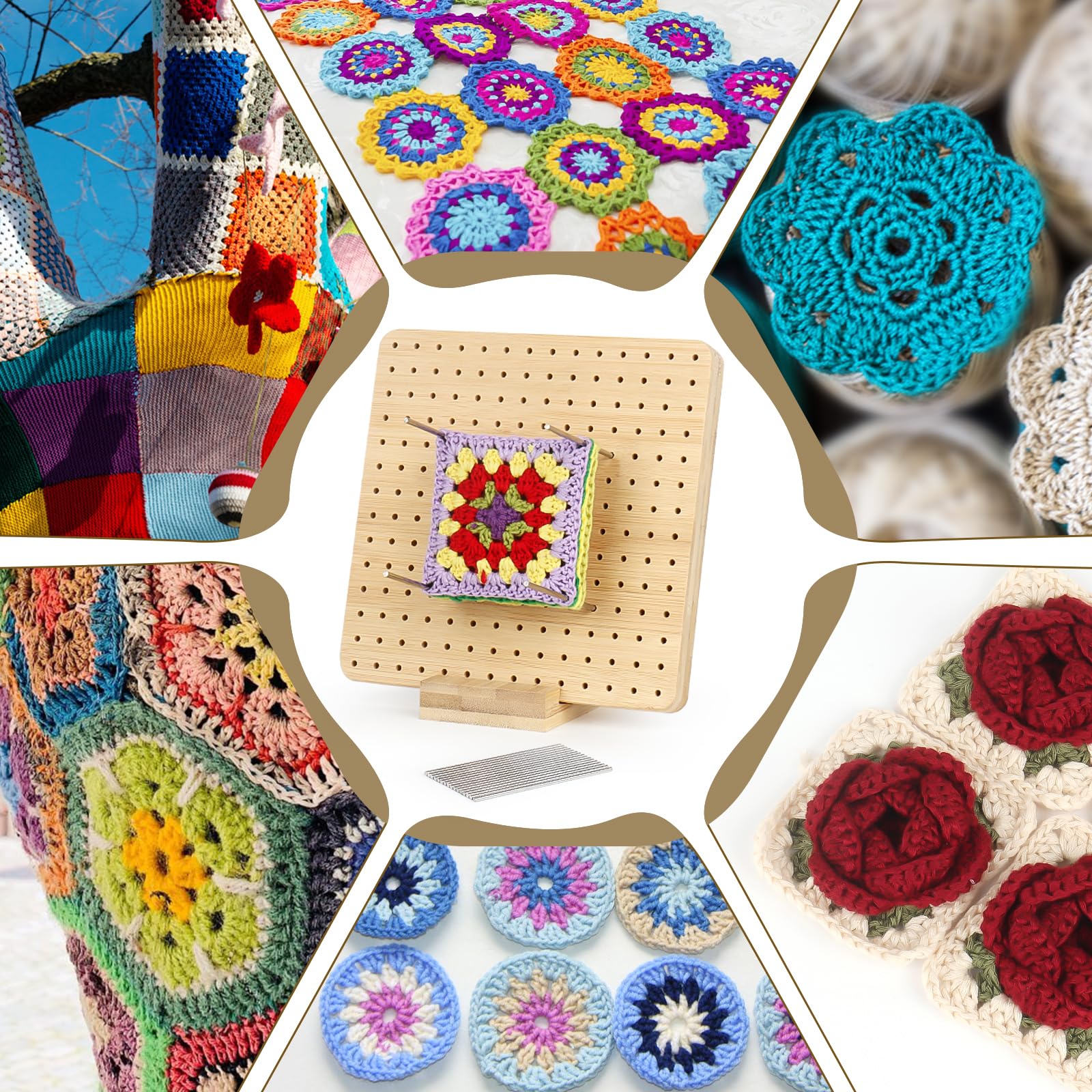 Broches Inox Pour Carrés Planche à Bloquer Granny Squares 33x33cm - Bambou Pliable Avec 30 Broches Acier - Pour Projets Crochet Et Tricot Livre Crochet Debutant