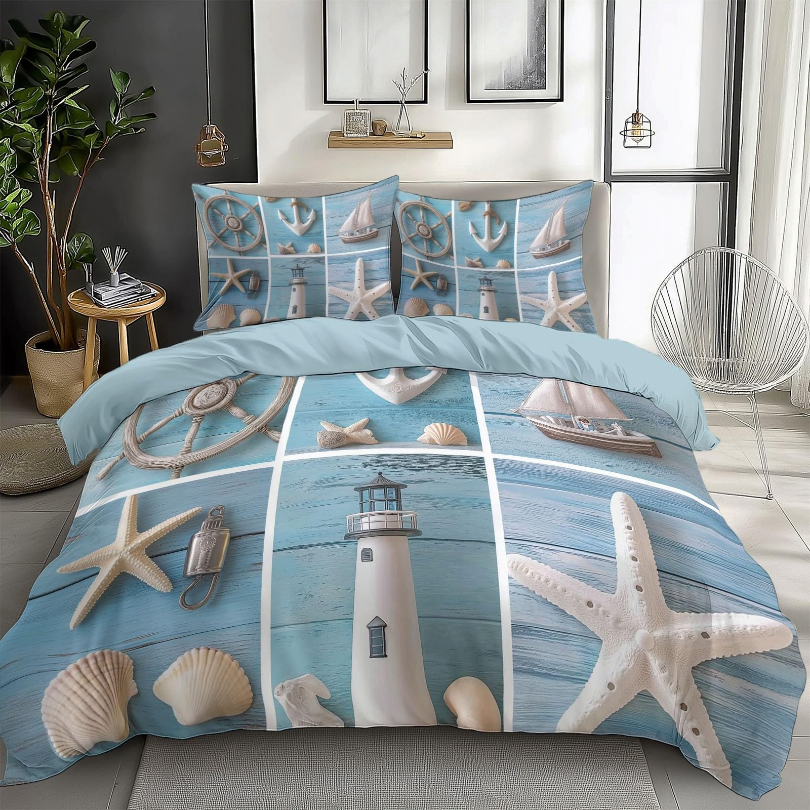 Housse de couette 240x260 cm motif mer en microfibre respirante avec ses 2 taies d'oreiller