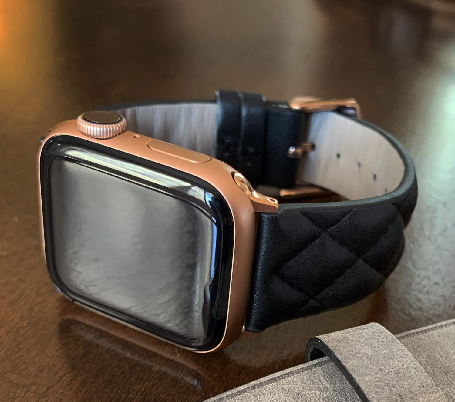 Grit   Grazia Top Grain Leather Apple Watch Band Compatible w  38mm 40mm 41mm 42mm 44mm 45mm Series 7 6 5 4 3 2 1 SE iWatch, Diamond Patten Apple Watch Replacement Strap (Black + Rose Gold, 42mm 44mm 45mm) Photo