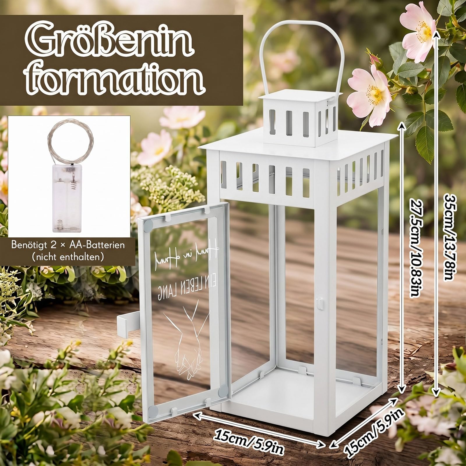 BBTO Hochzeitslaterne Metallgravur Dekorative mit 2 m LED Lichtern Laternen für Den Außenbereich Tischdekoration Jubiläumsgeschenk Hochzeitsgesellschaft(Hand in Hand)