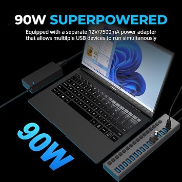 SABRENT 16-Port Powered USB 3.0 Type-A Data Hub & Charger, 90W (HB-PU16)