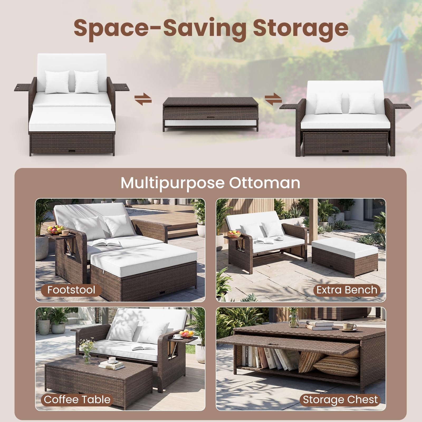 GIANTEX Divano da Giardino in Rattan con Poggiapiedi, Doppio Divano da Esterno con Schienale Regolabile, Mobili da Giardino per Terrazza, Balcone, Cortile (Misto Marrone+Bianco)