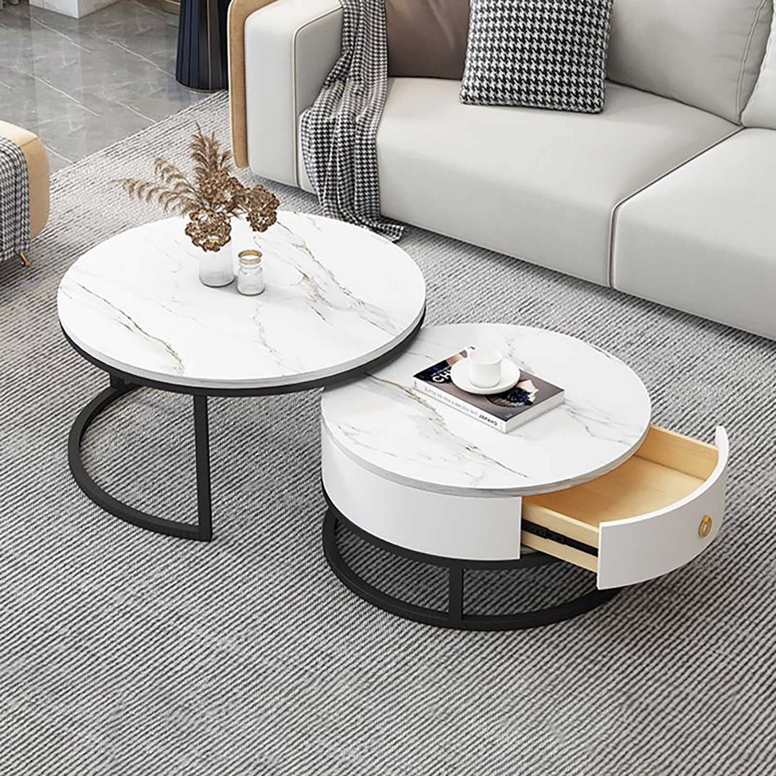 Klydbmyt Modern Nesting Coffee Table Set With Drawer Storage Slate Marble Texture Metal Frame Living Room Furniture Decor Multipurpose Use