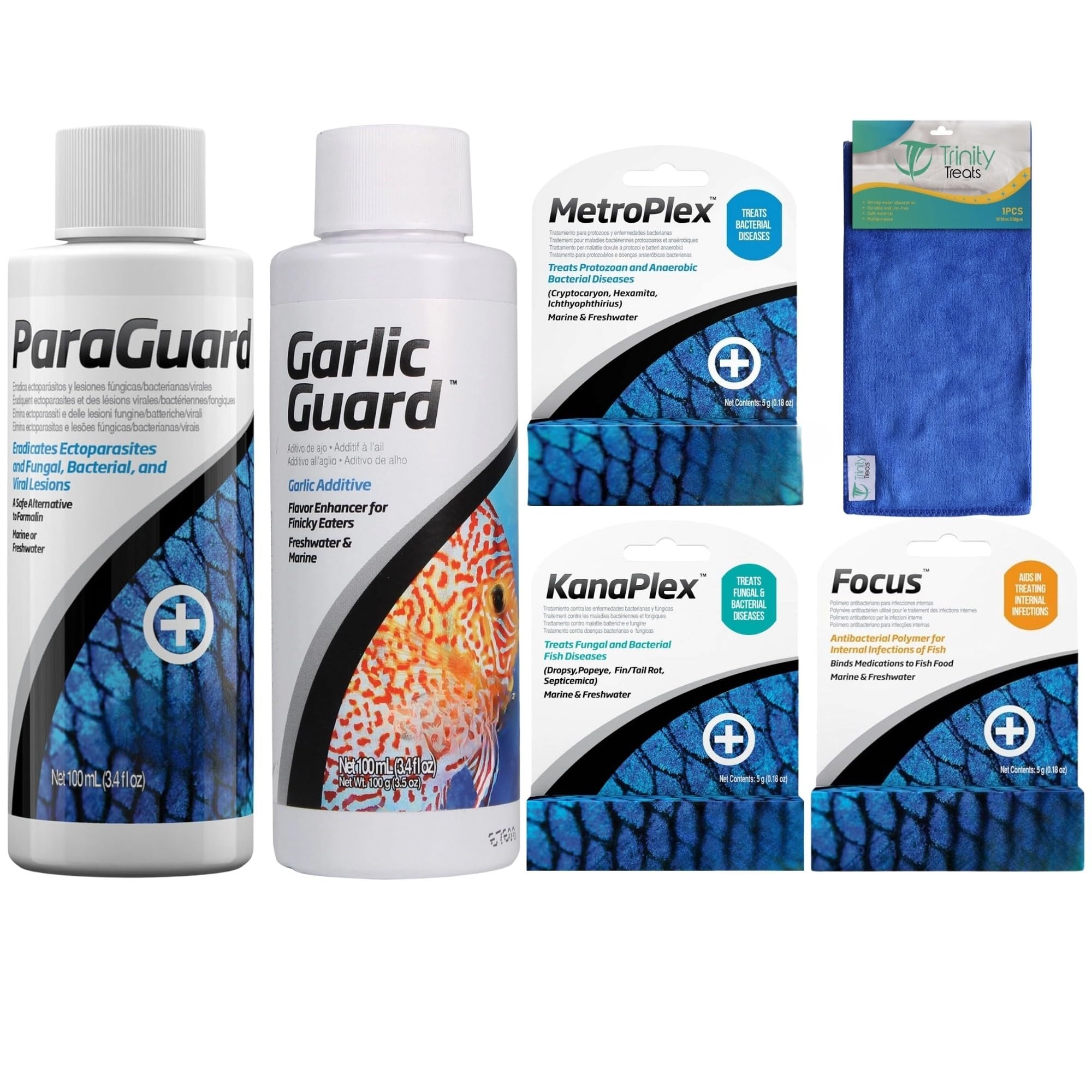 Trinity Treat ParaGuard 100ML, GarlicGuard 100ML, Focus 5g, kanaplex 5g Metroplex 5g for Freshwater and Saltwater Including Microfiber Cleaning Cloth(ParaGuard, GarlicGuard, Kanaplex Focus Metroplex)