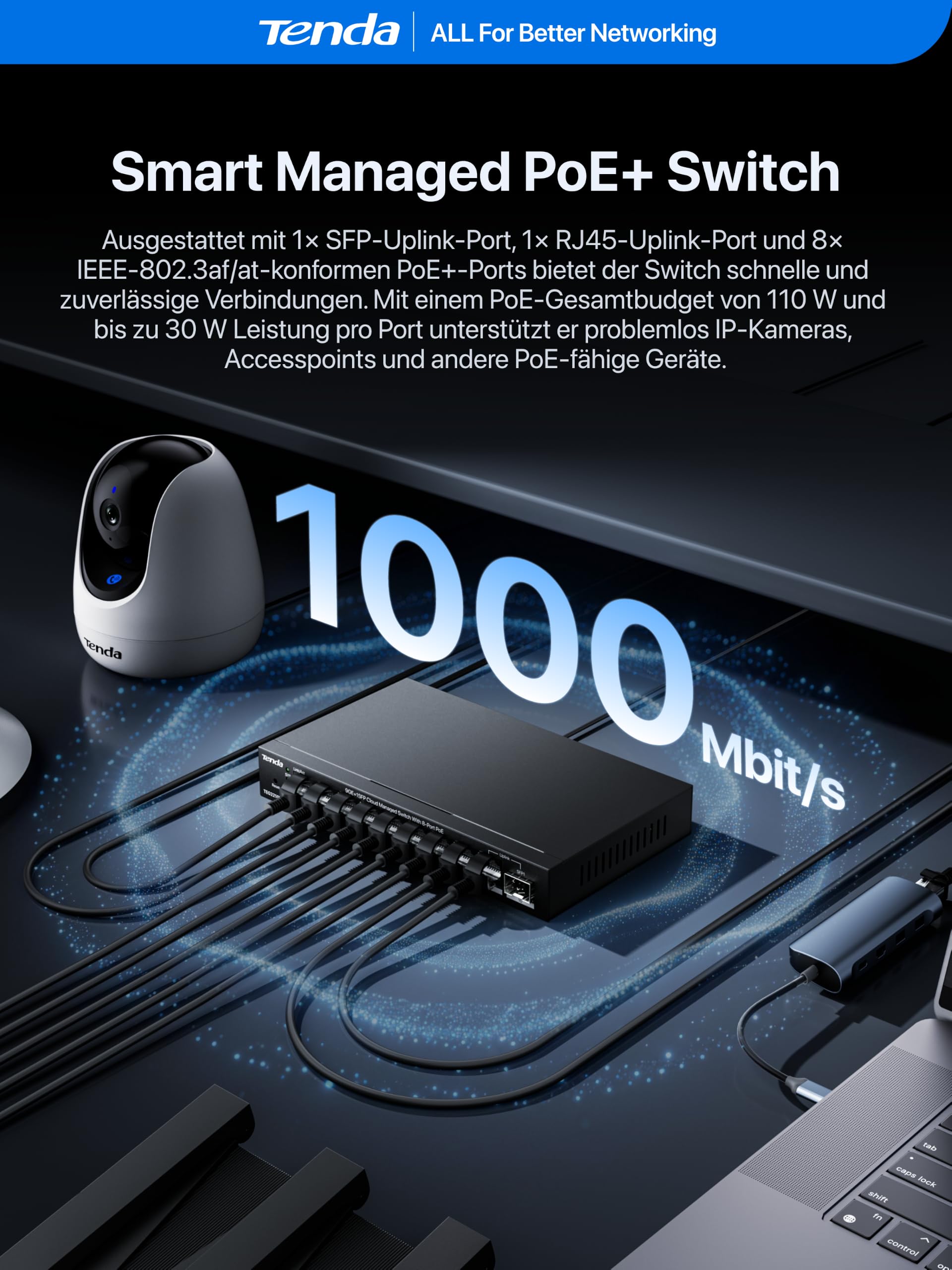 Tenda Managed PoE Switch 8-Port Gigabit Netzwerk Switch mit RJ45-& SFP-Port