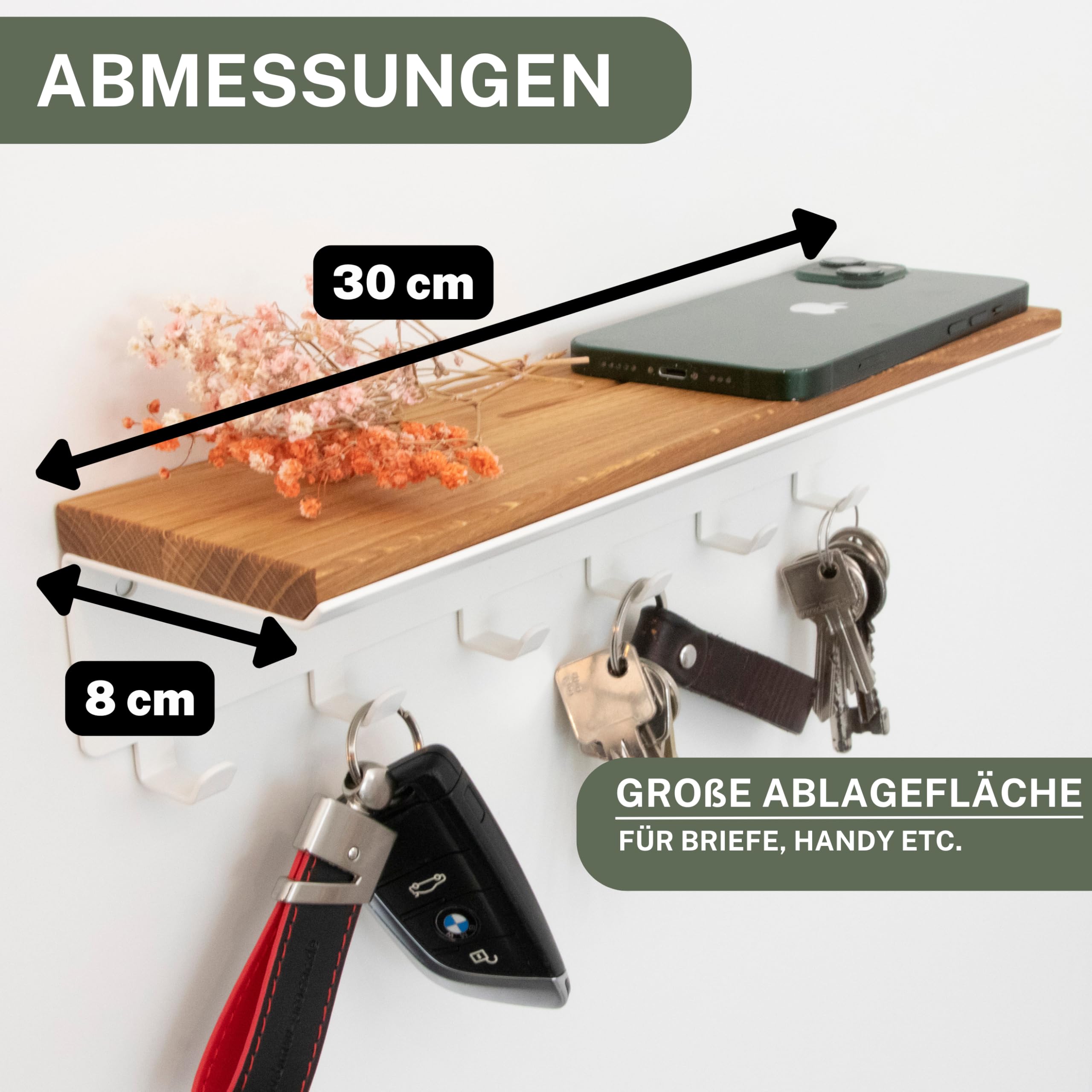 Astrein® | Schlüsselbrett mit 6 Haken | Schlüsselboard aus Holz | Eiche | Wandorganizer | Schlüsselkasten | Schlüsselhalter mit Ablage | Schlüsselaufbewahrung Metall schwarz | 30x8x8cm